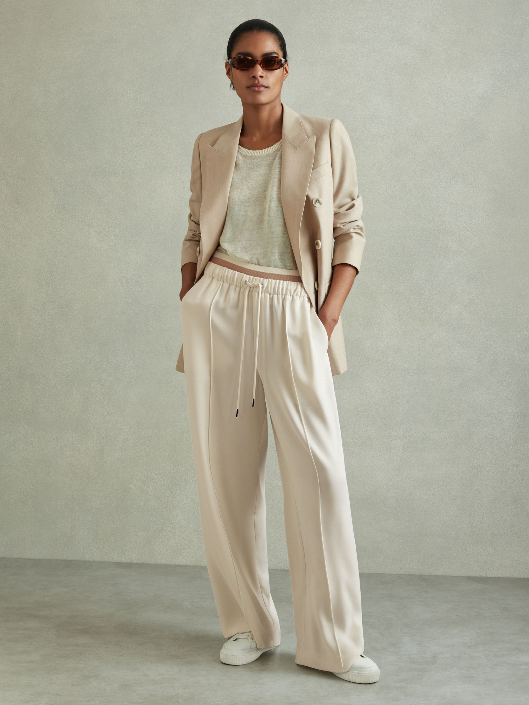 Waistband Detail Wide Leg Trousers in Cream