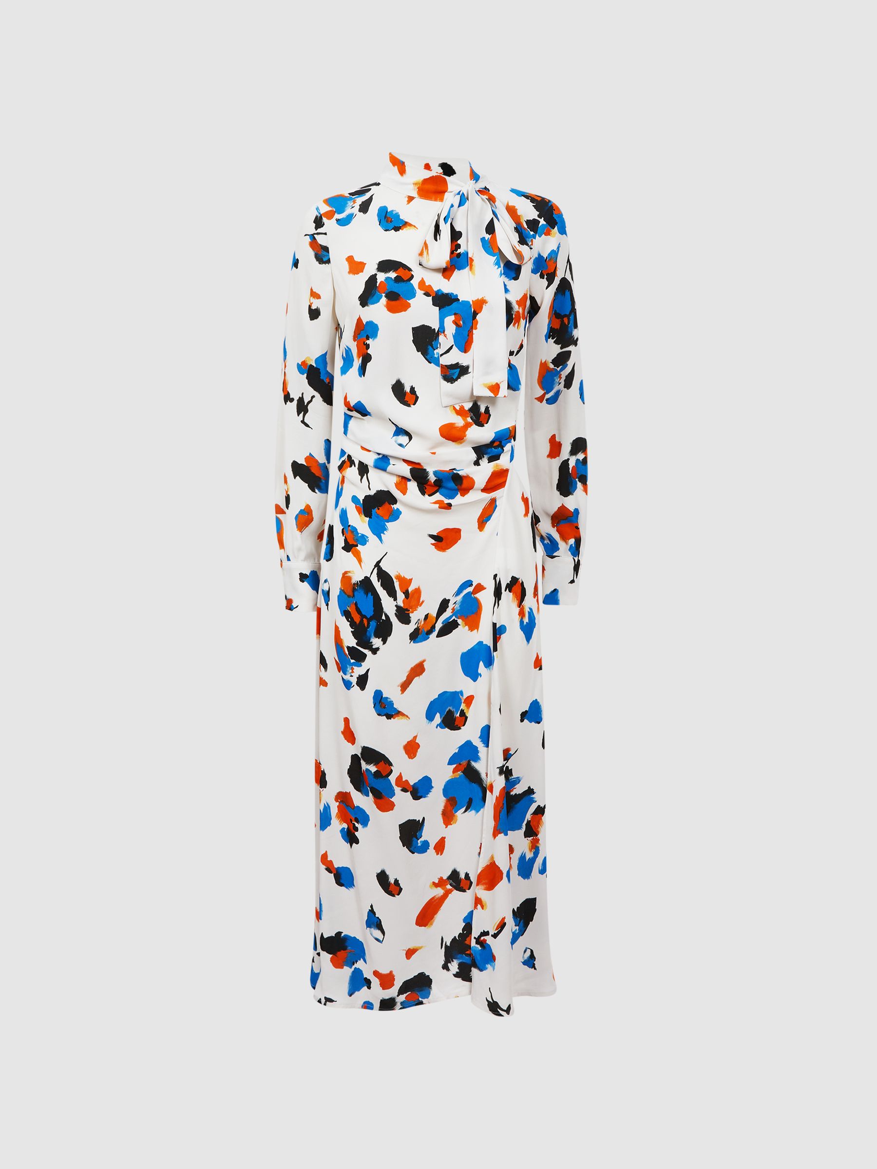 Printed Tie Neck Midi Dress in Blue