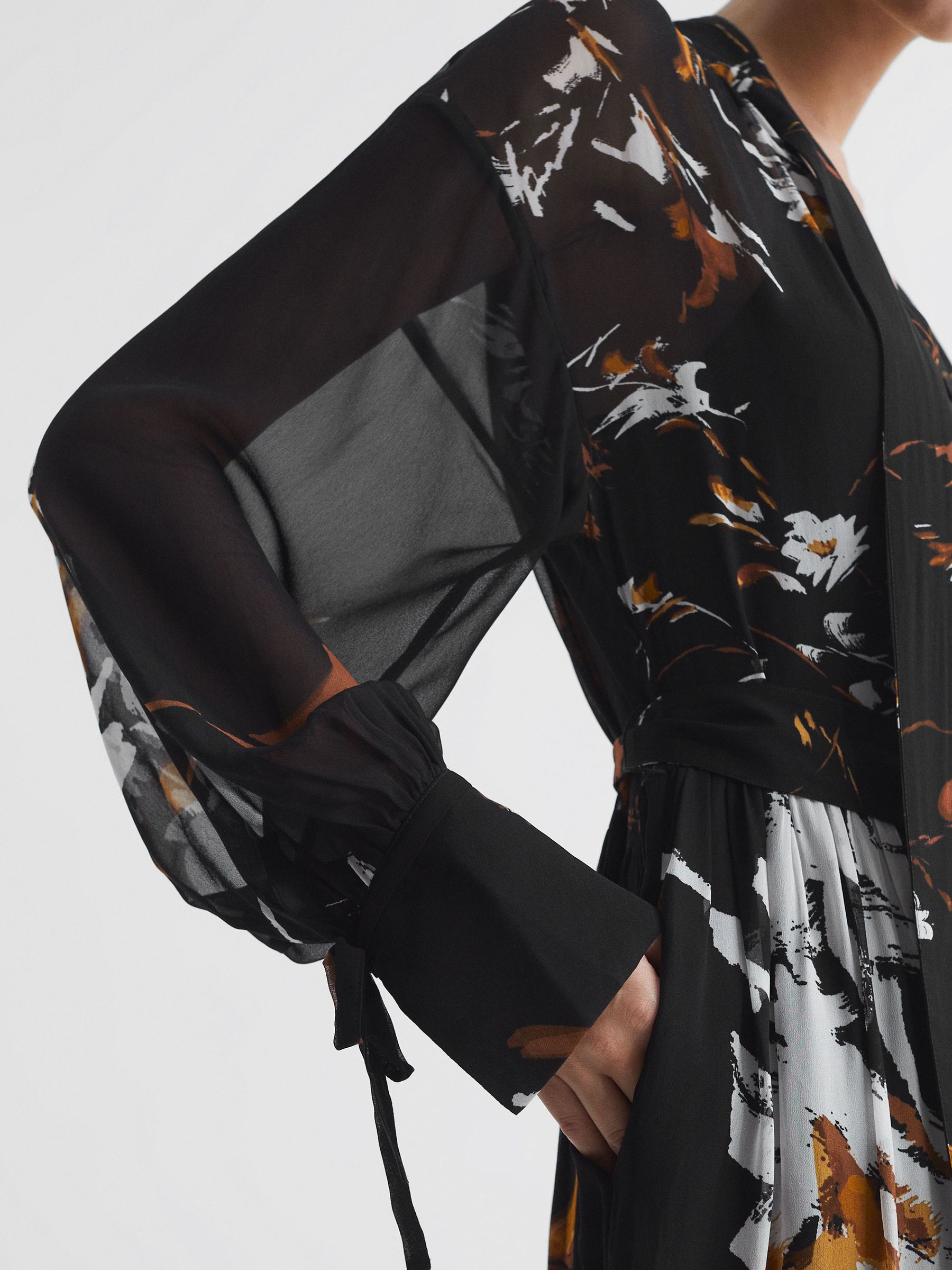 Floral Neck Tie Midi Dress in Black/Brown