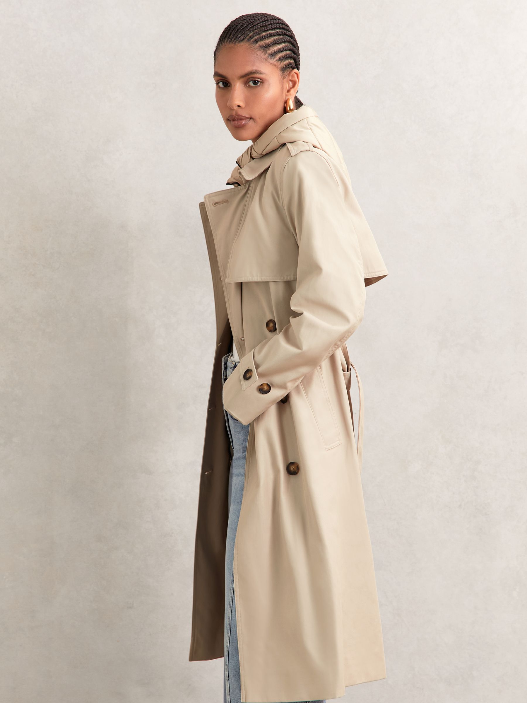 Petite Hooded Insert Trench Coat in Stone