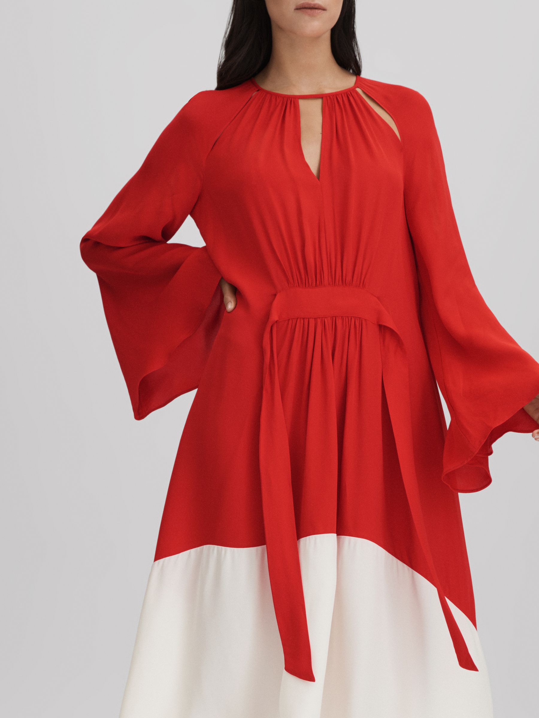 Colourblock Fit-and-Flare Midi Dress in Red/Cream
