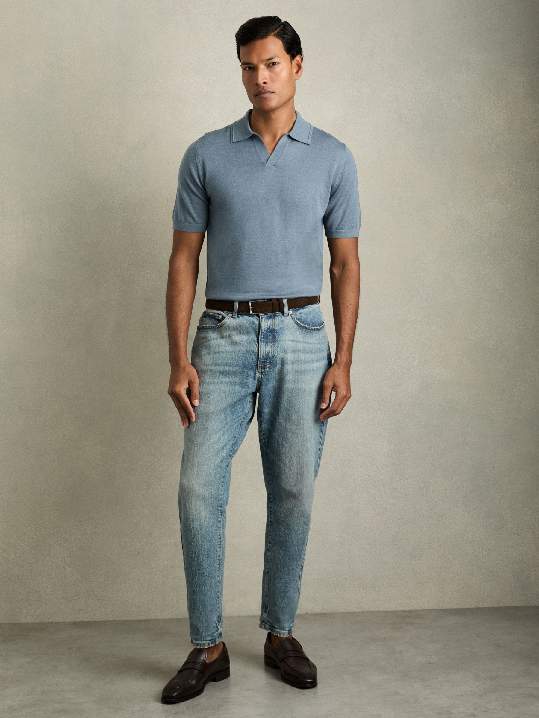 Merino Wool Open Collar Polo Shirt in Airforce Blue