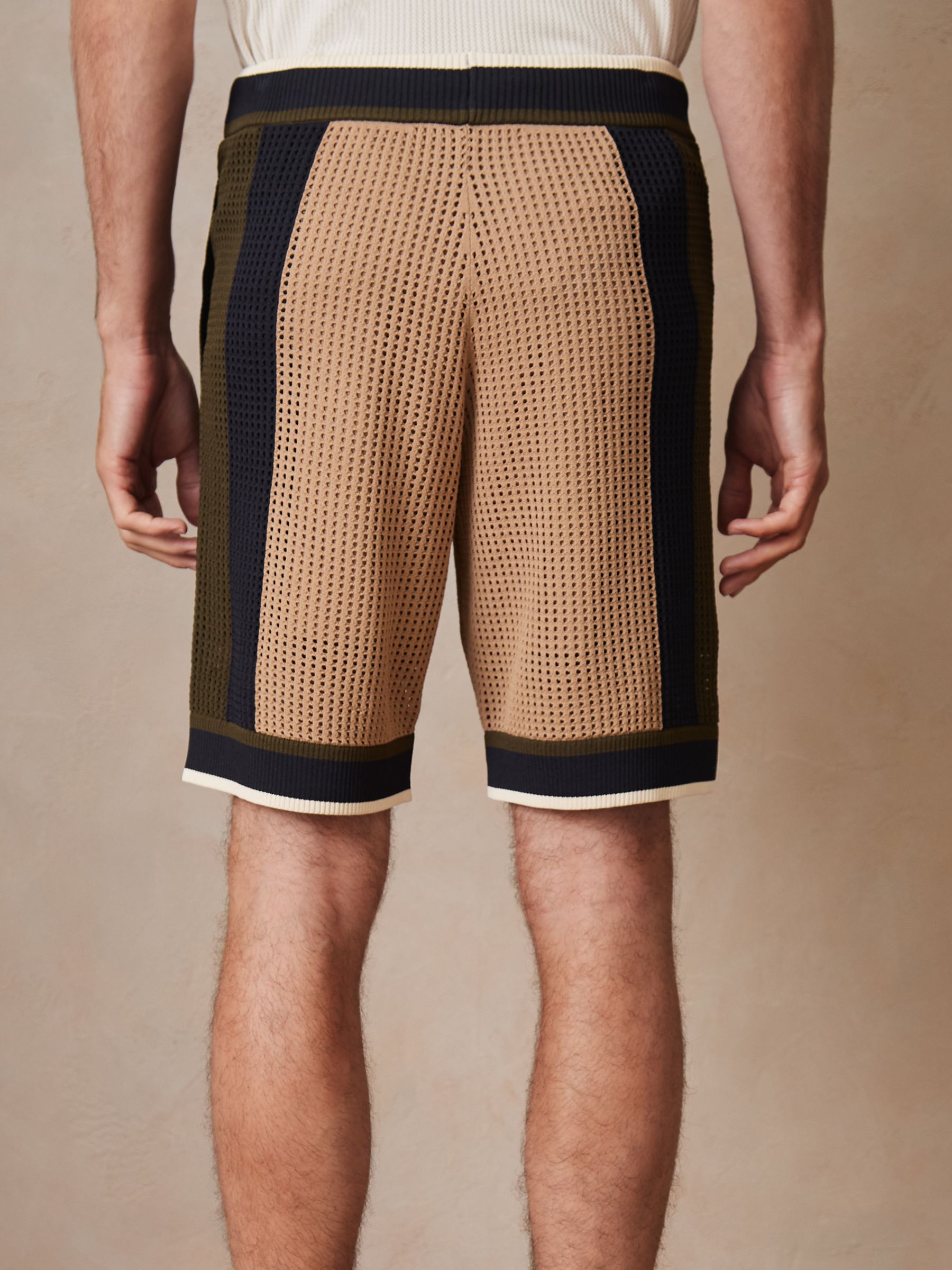 Reiss | Ché Crochet Colour-Block Shorts in Camel/Green