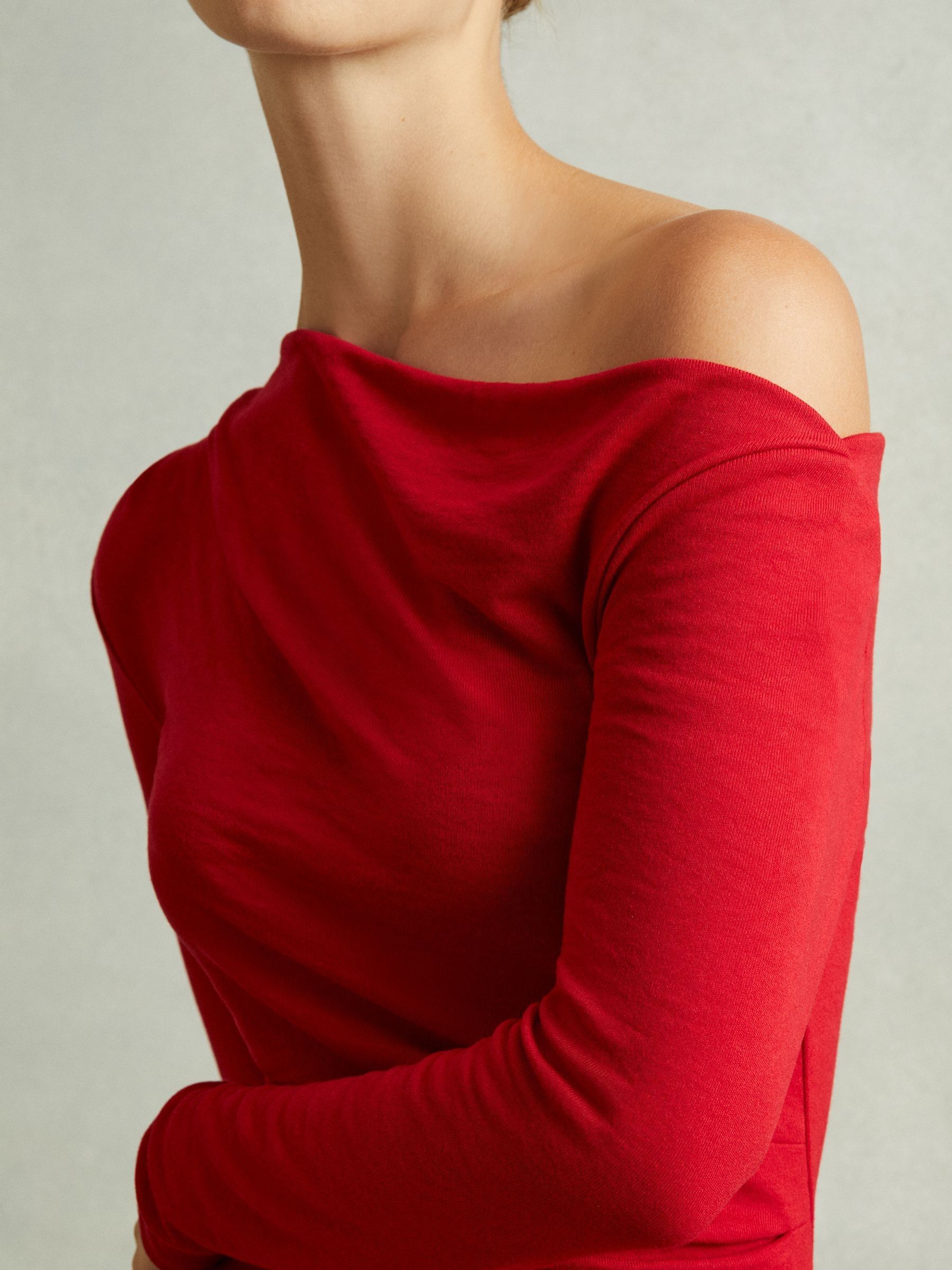 Off-The-Shoulder Jersey Midi Dress in Red