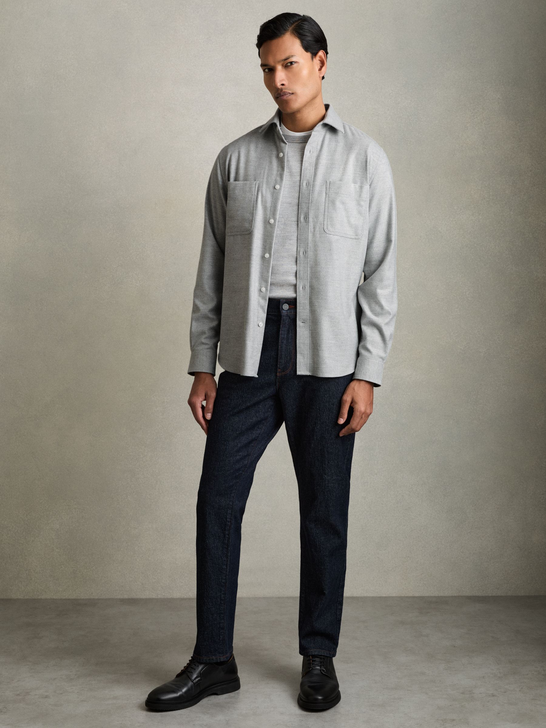 Twin-Pocket Button-Through Overshirt in Soft Grey Melange
