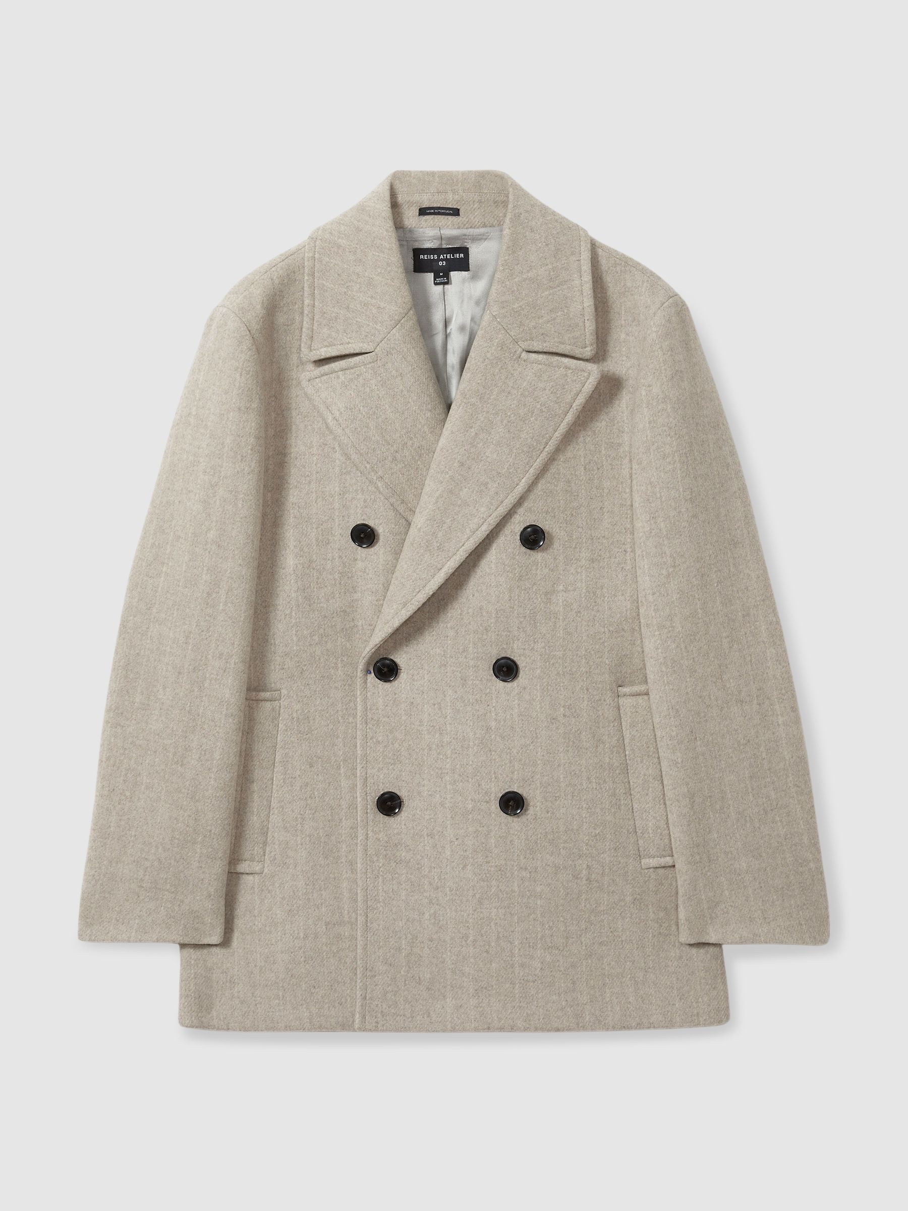 Wool-Blend Pinstripe Pea Coat in Oatmeal