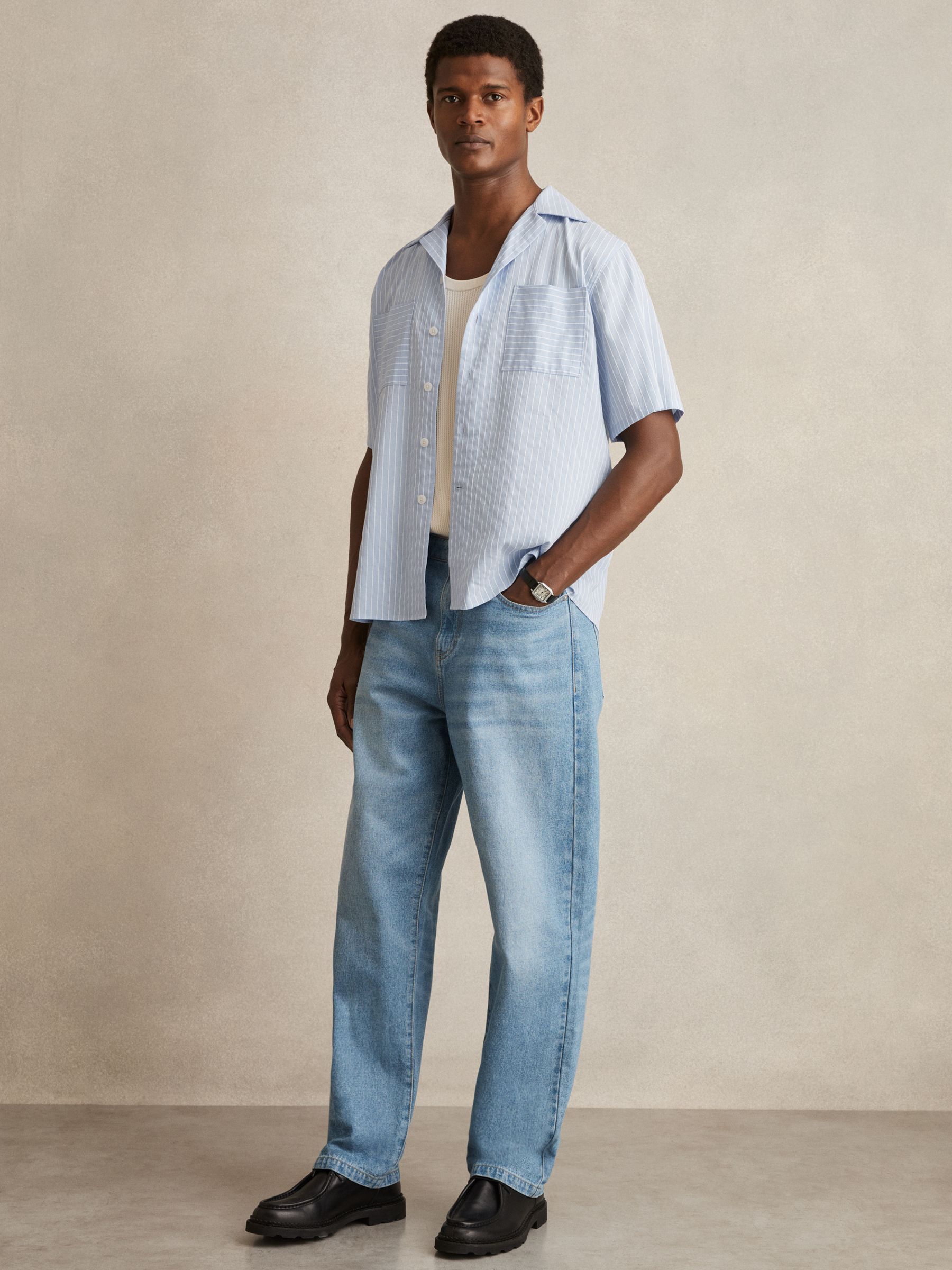 Lyocell-Blend Stripe Twin-Pocket Shirt in Soft Blue/White