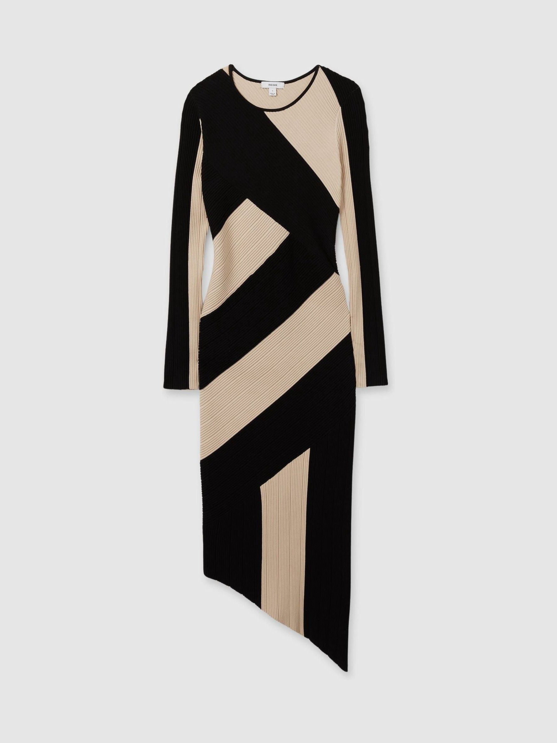 Petite Knitted Colourblock Asymmetric Midi Dress in Black/Camel