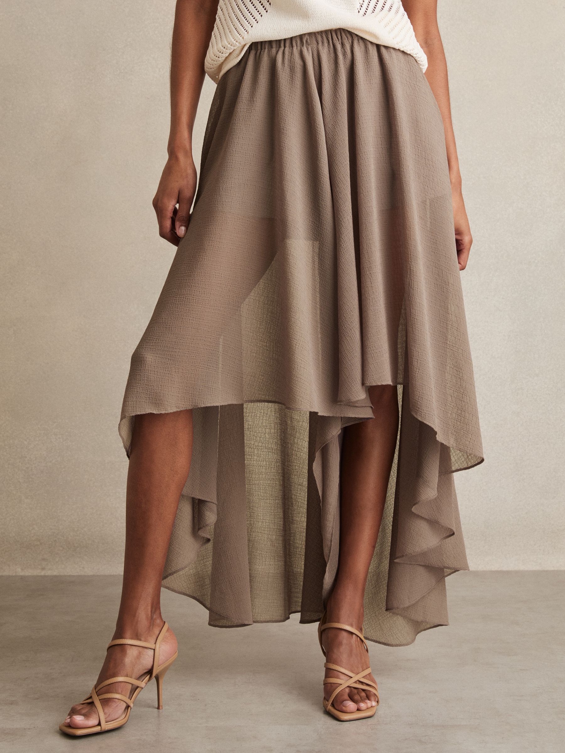 Sheer-Overlay High-Low Shorts in Mink Neutral