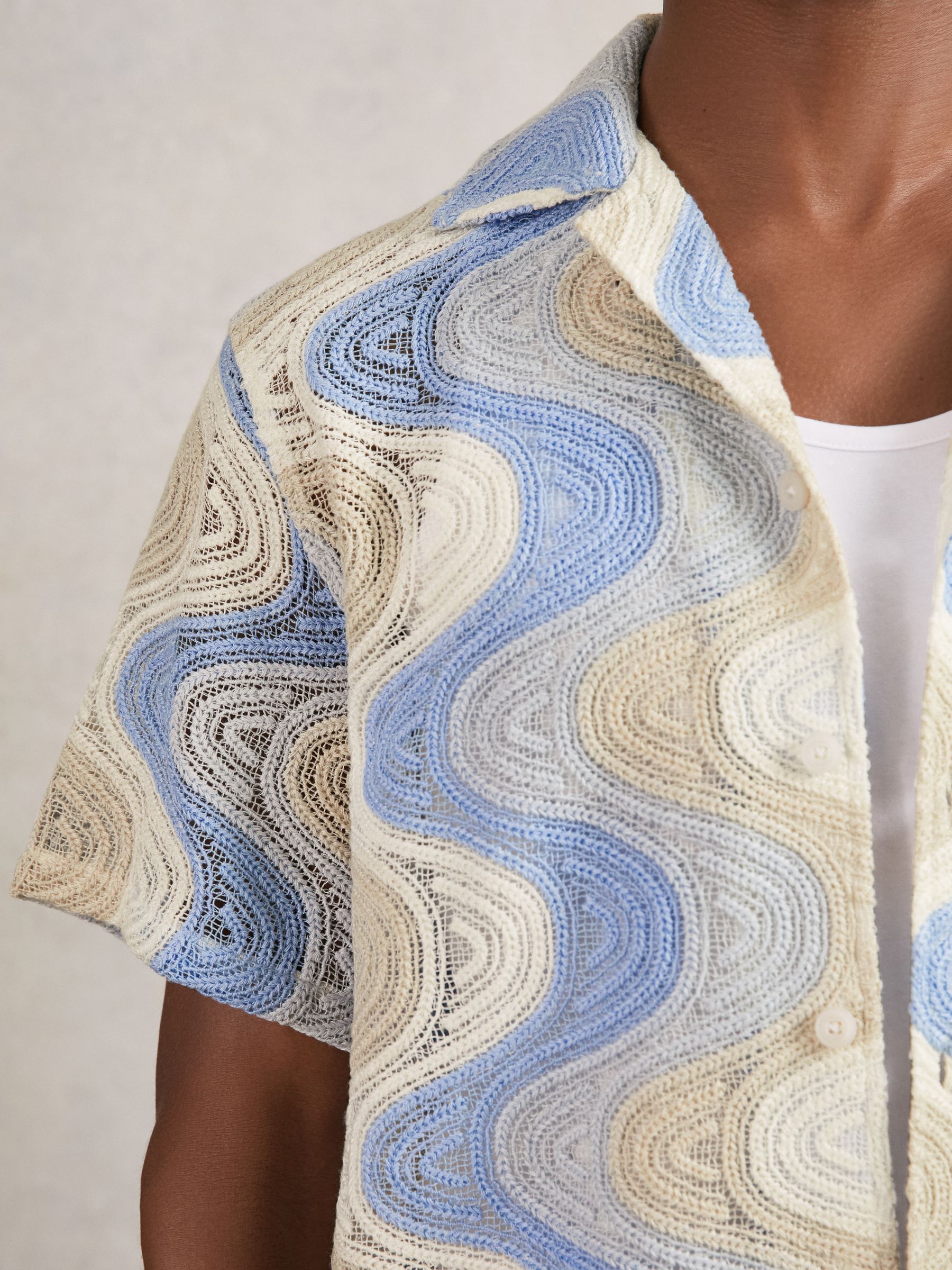 Wave Crochet Cuban Collar Shirt in Blue Multi