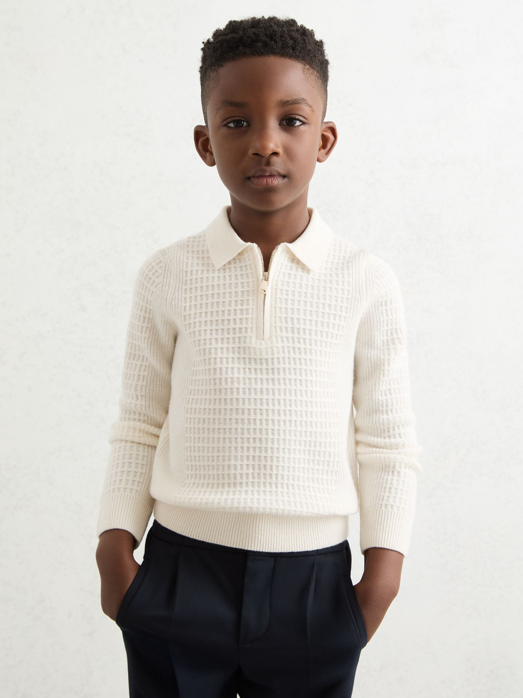 3-9 yrs Wool Waffle-Knit Half-Zip Polo Shirt in Off White