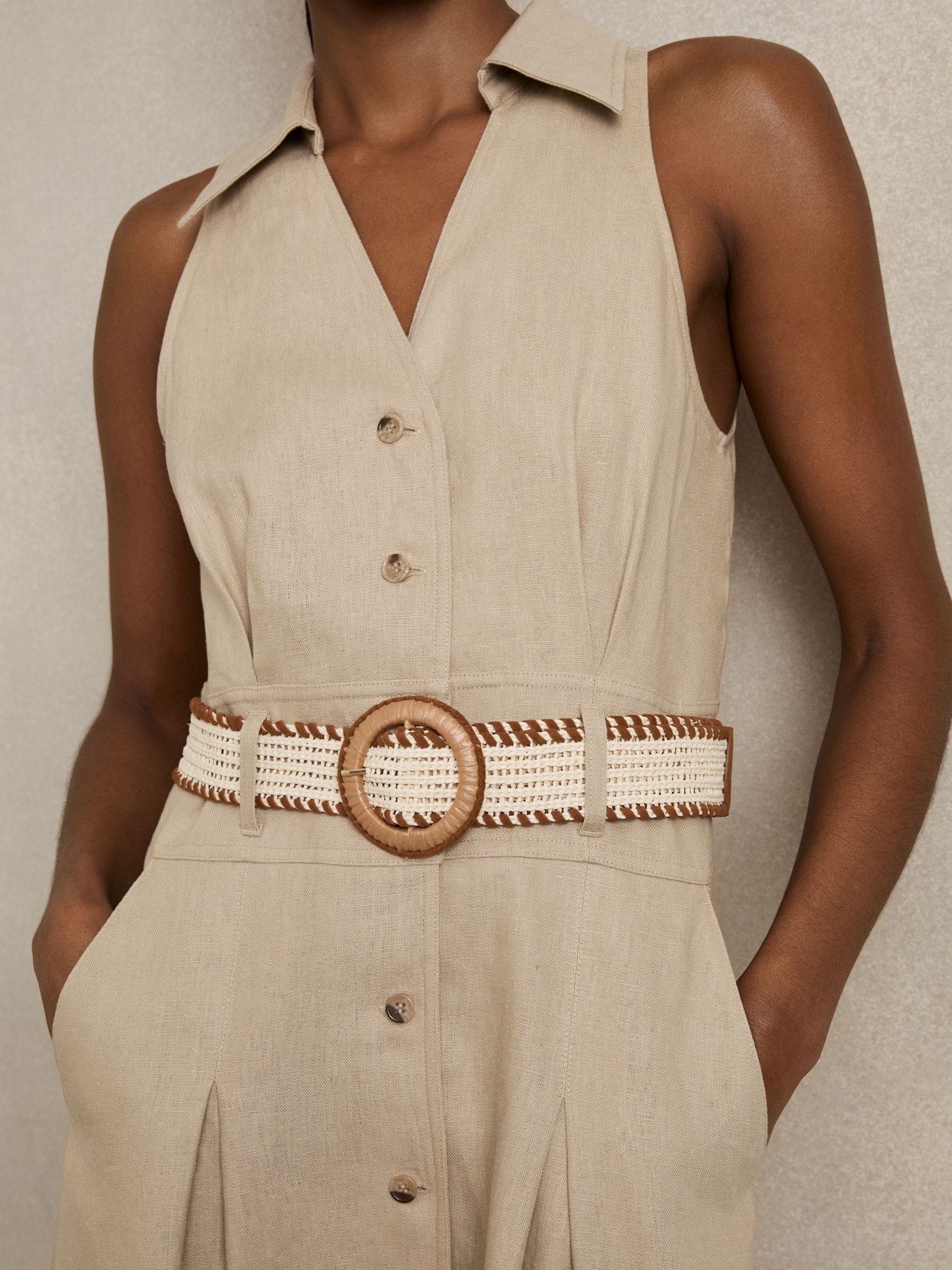 Linen Belted Sleeveless Midi Dress in Neutral