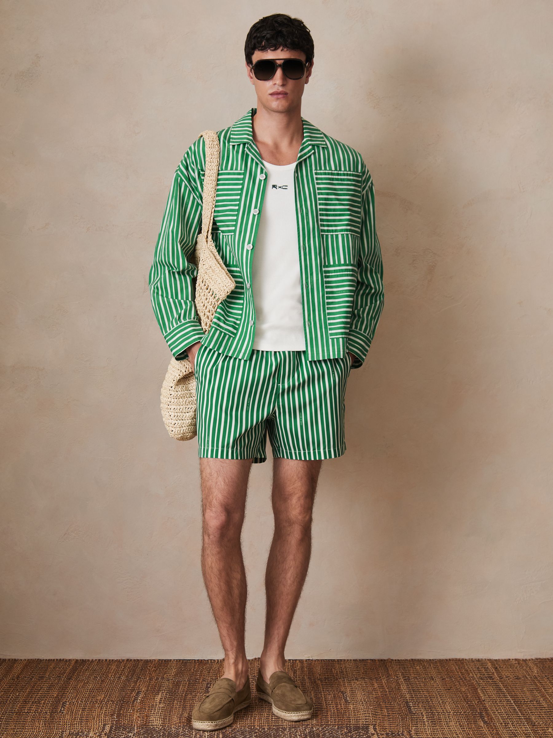 Reiss | Ché Poplin Stripe Pocket Shirt in Bright Green/White