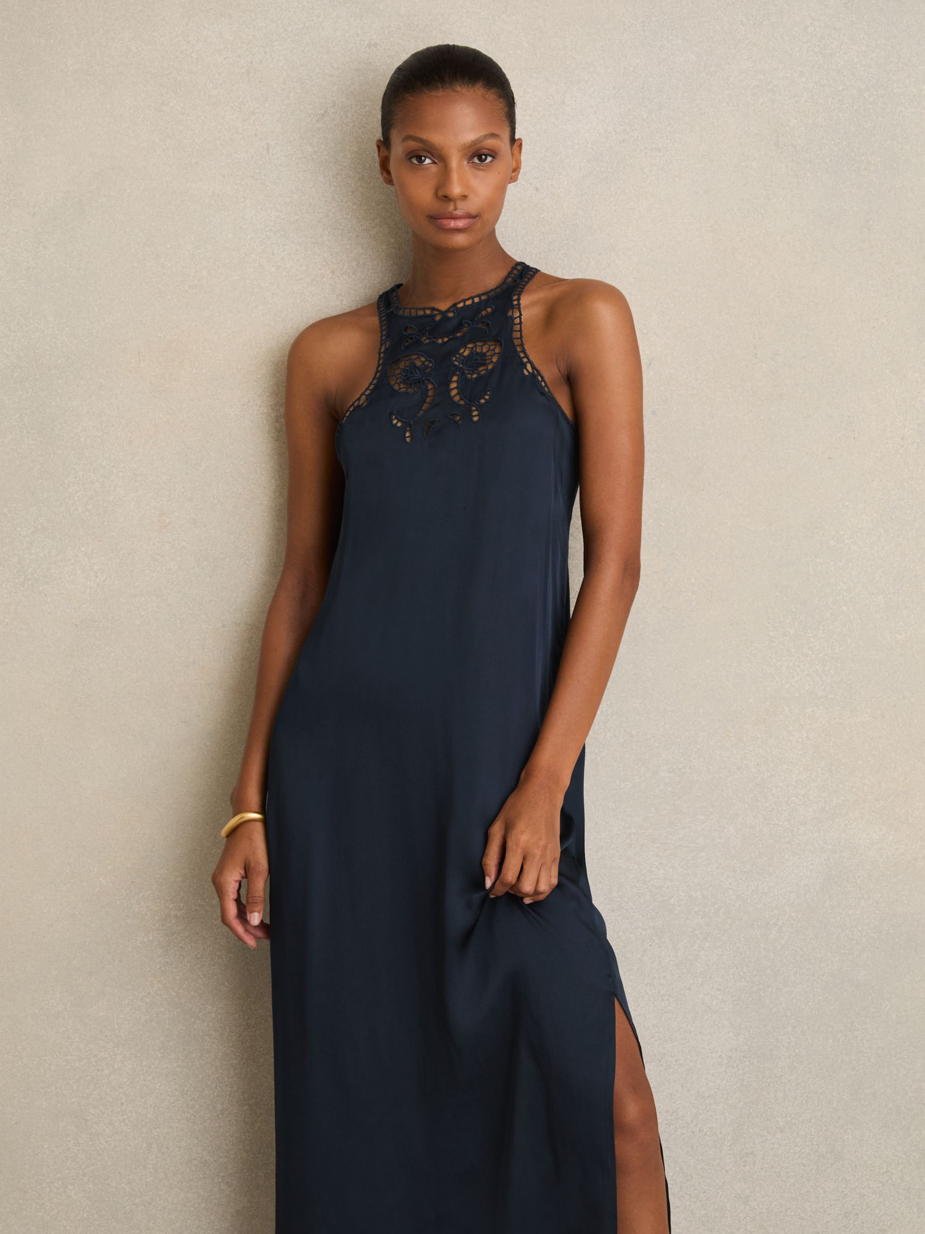Satin Cut-Out Slip Dress in Navy