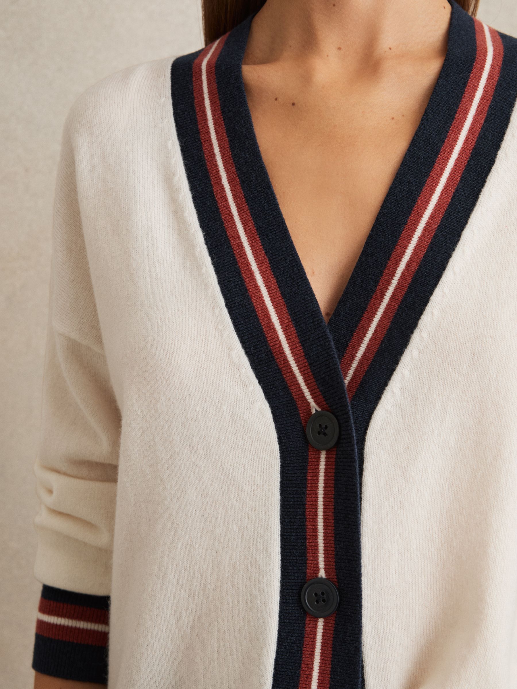 Wool-Cashmere Stripe-Trim Cardigan in White