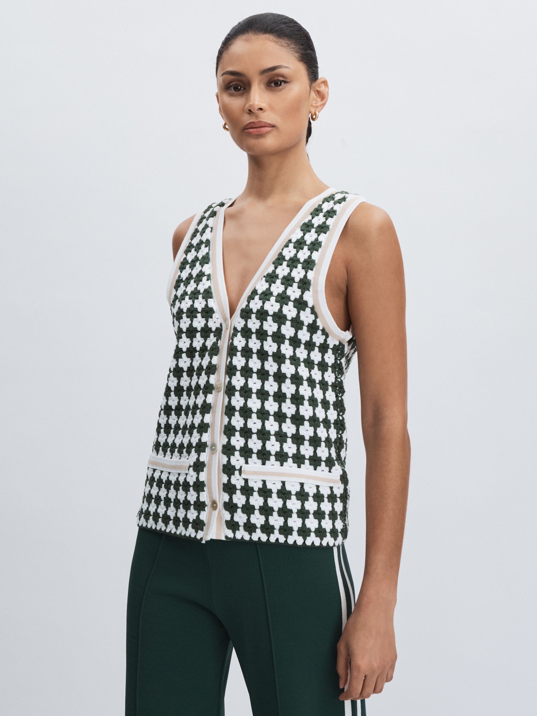 Crochet Button Through 100% Cotton Vest in Green