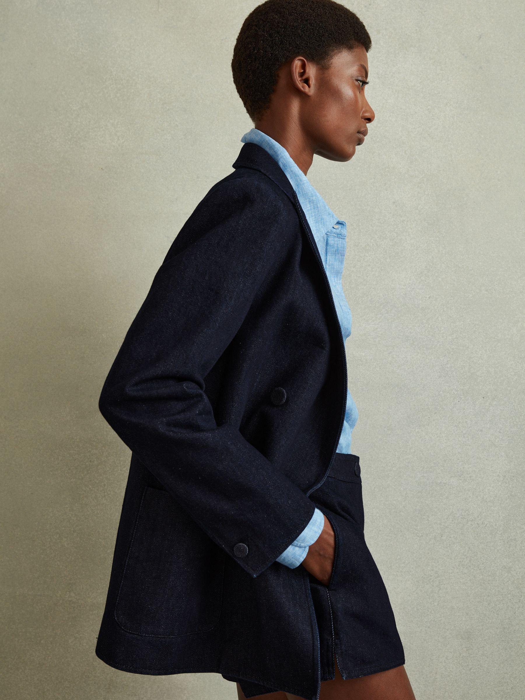 Double Breasted Denim Suit: Blazer in Dark Blue