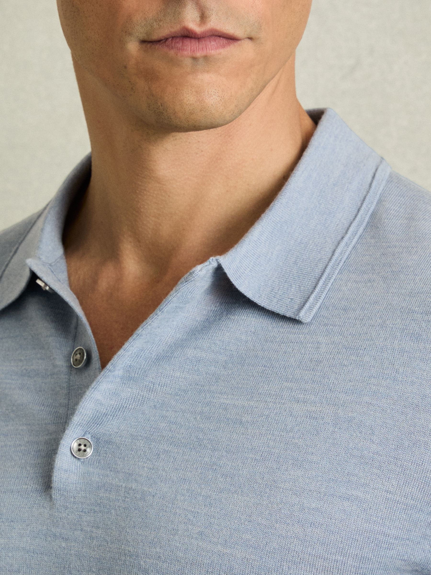 Merino Wool Short-Sleeve Polo Shirt in Soft Blue