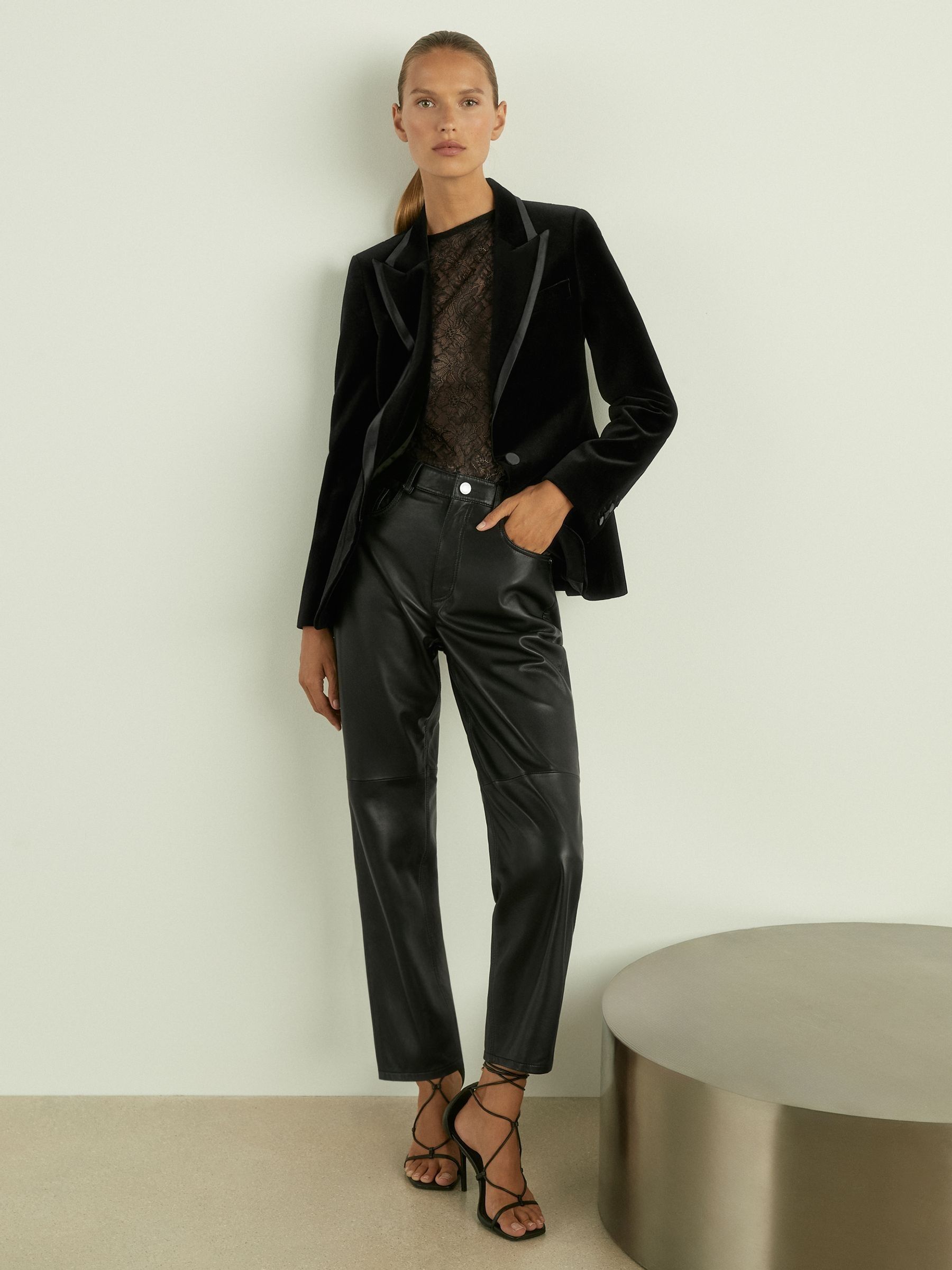 Velvet and Satin Single Breasted Suit Jacket in Black