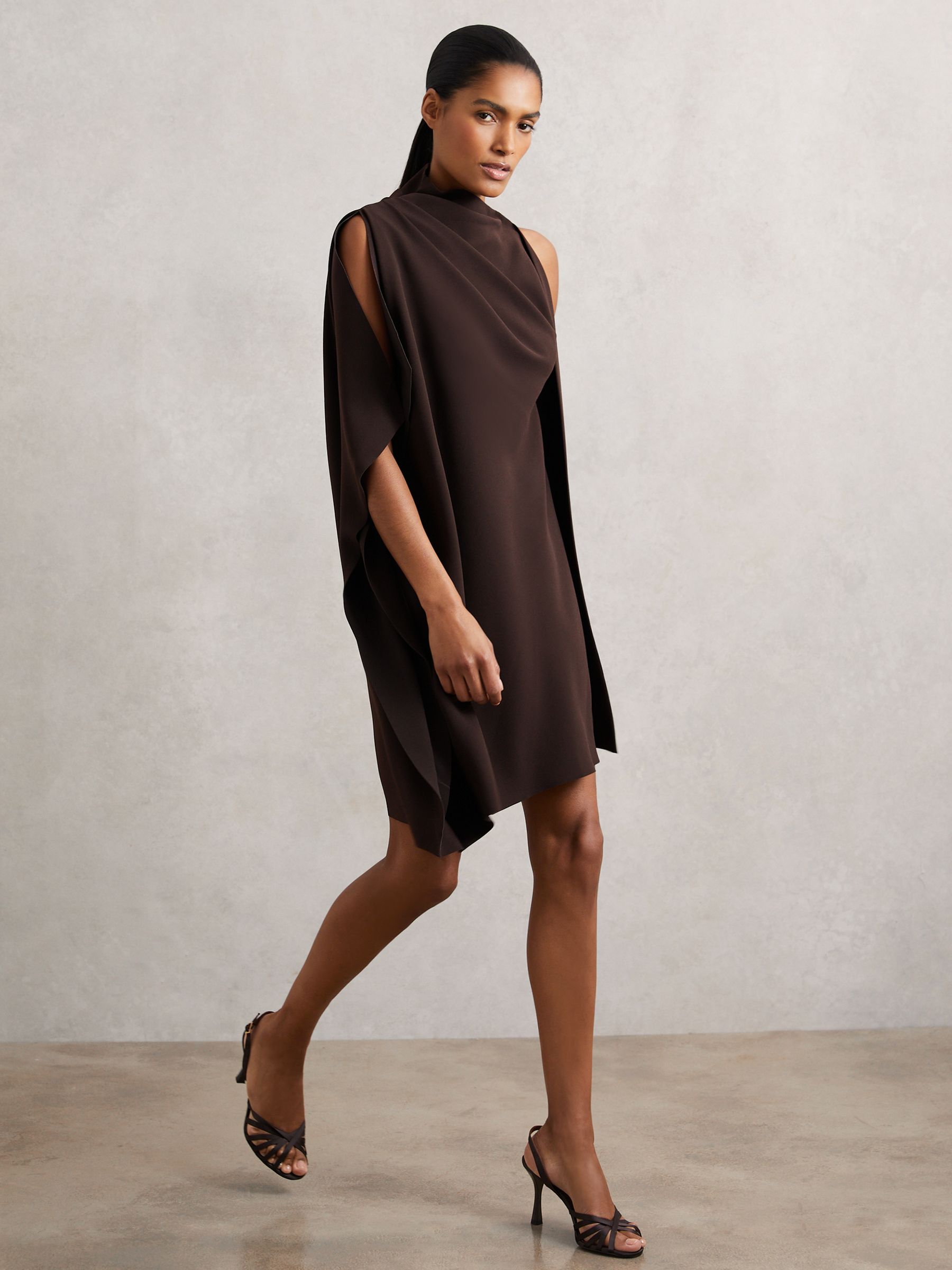One-Shoulder Draped Mini Dress in Chocolate Brown