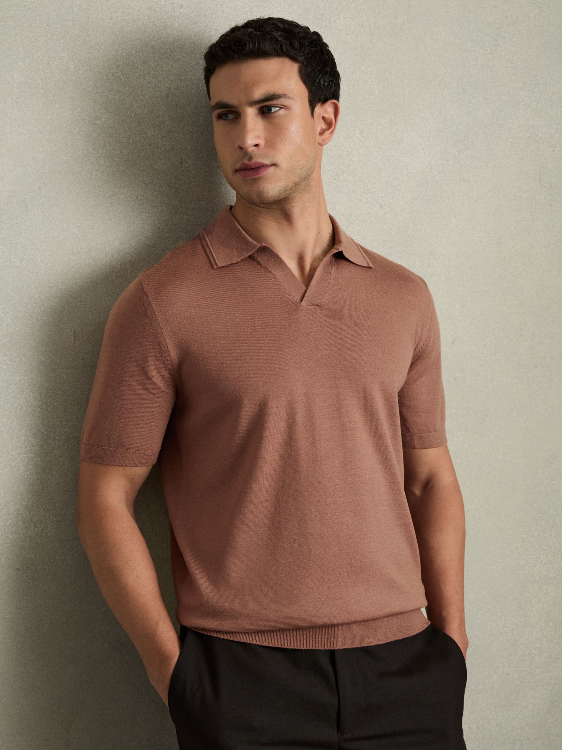 Merino Wool Open Collar Polo Shirt in Dusty Blush Pink