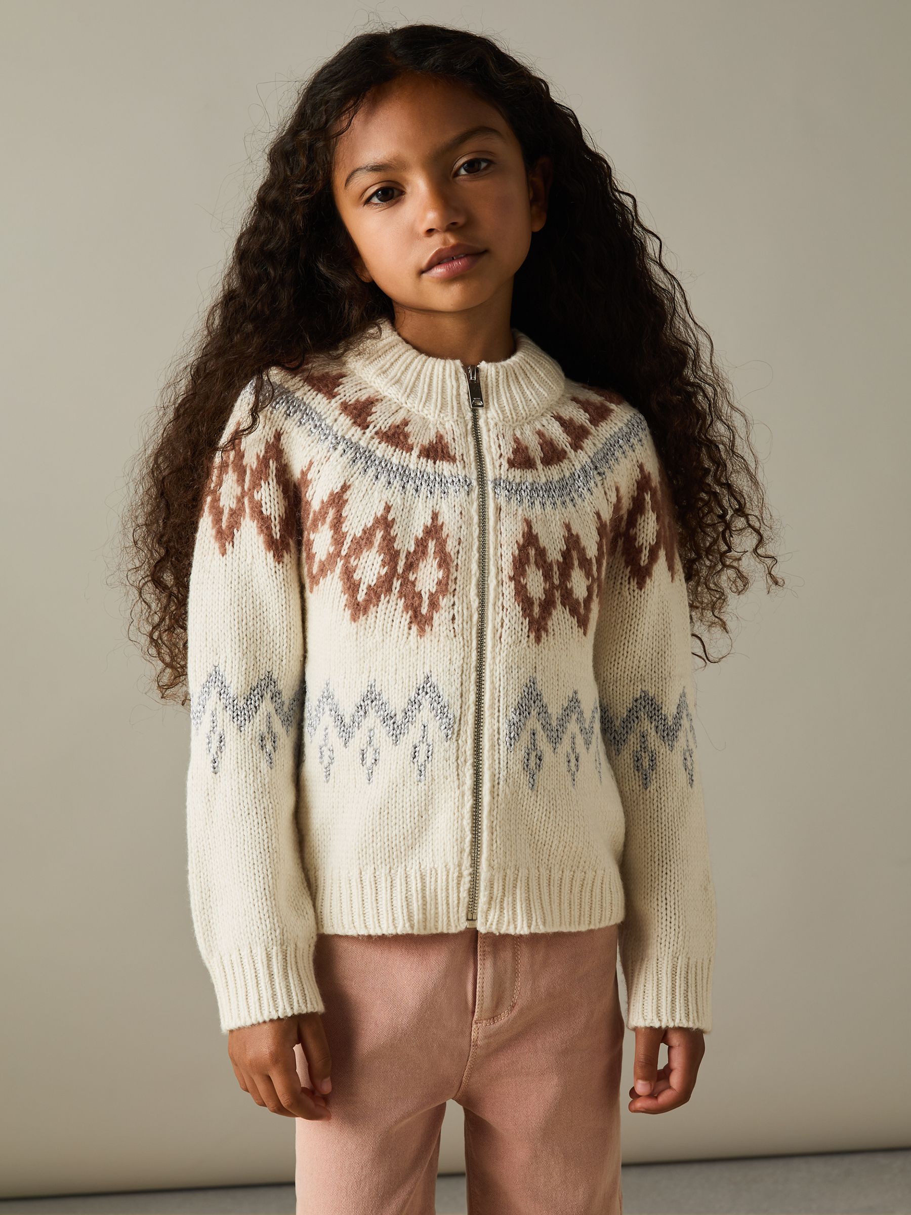 9-13 yrs Zipped Fair-Isle Cardigan with Wool and Cashmere in Cream