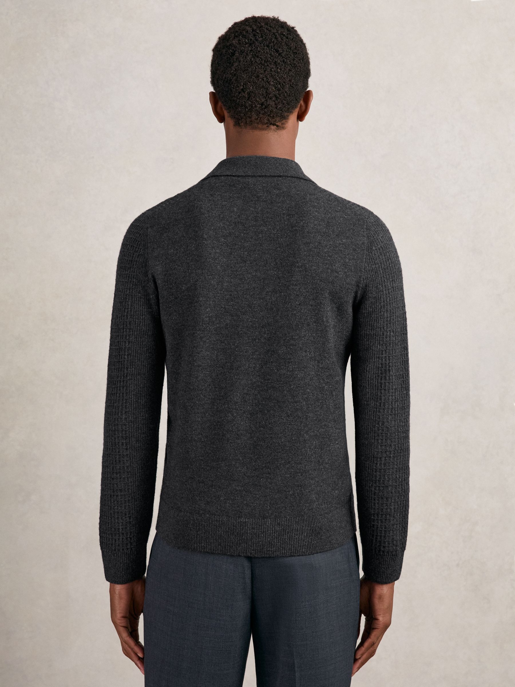 Wool Waffle-Knit Half-Zip Polo Shirt in Charcoal Grey