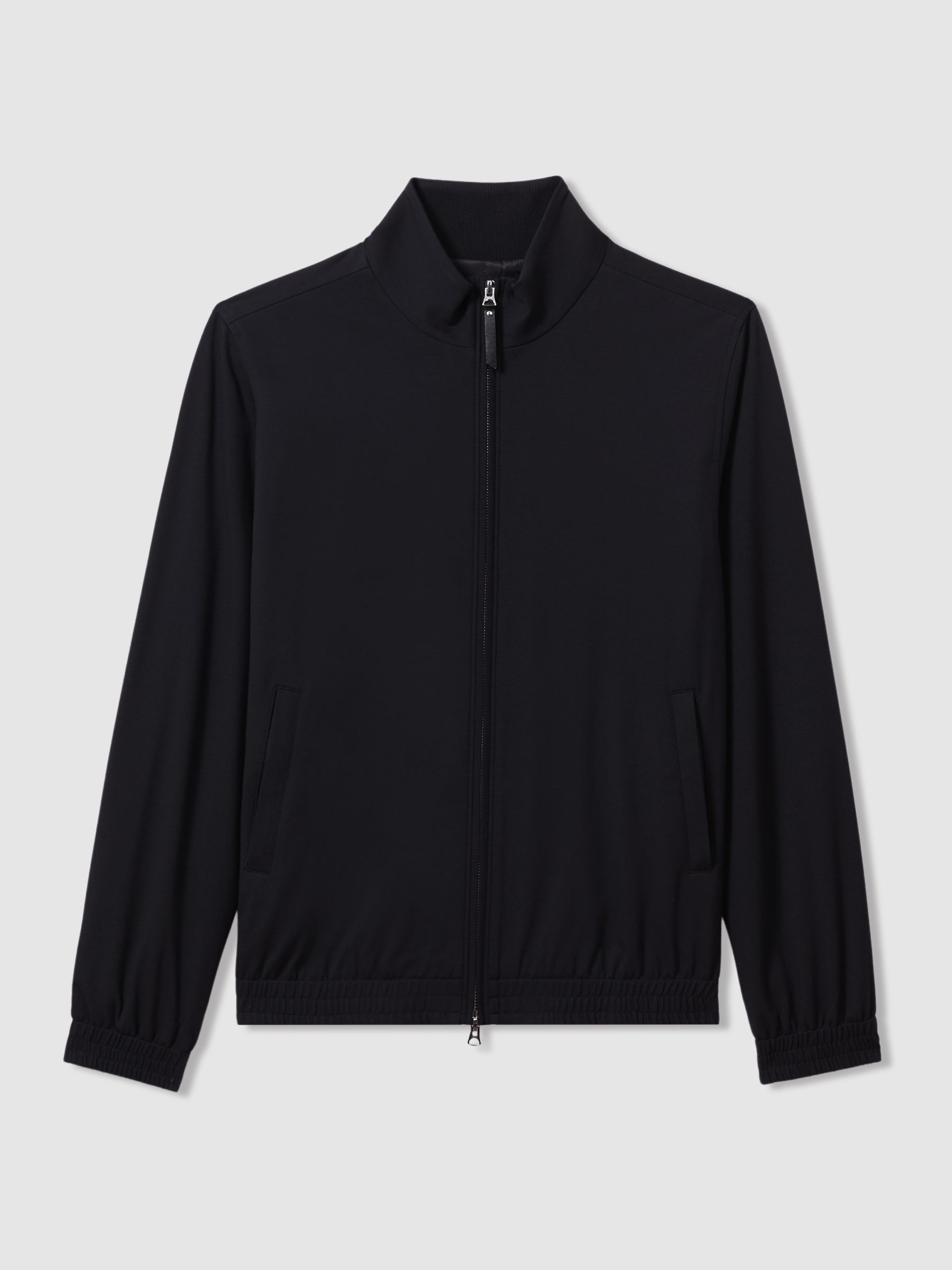 Elasticated Hem Zip-Front Bomber Jacket in Navy