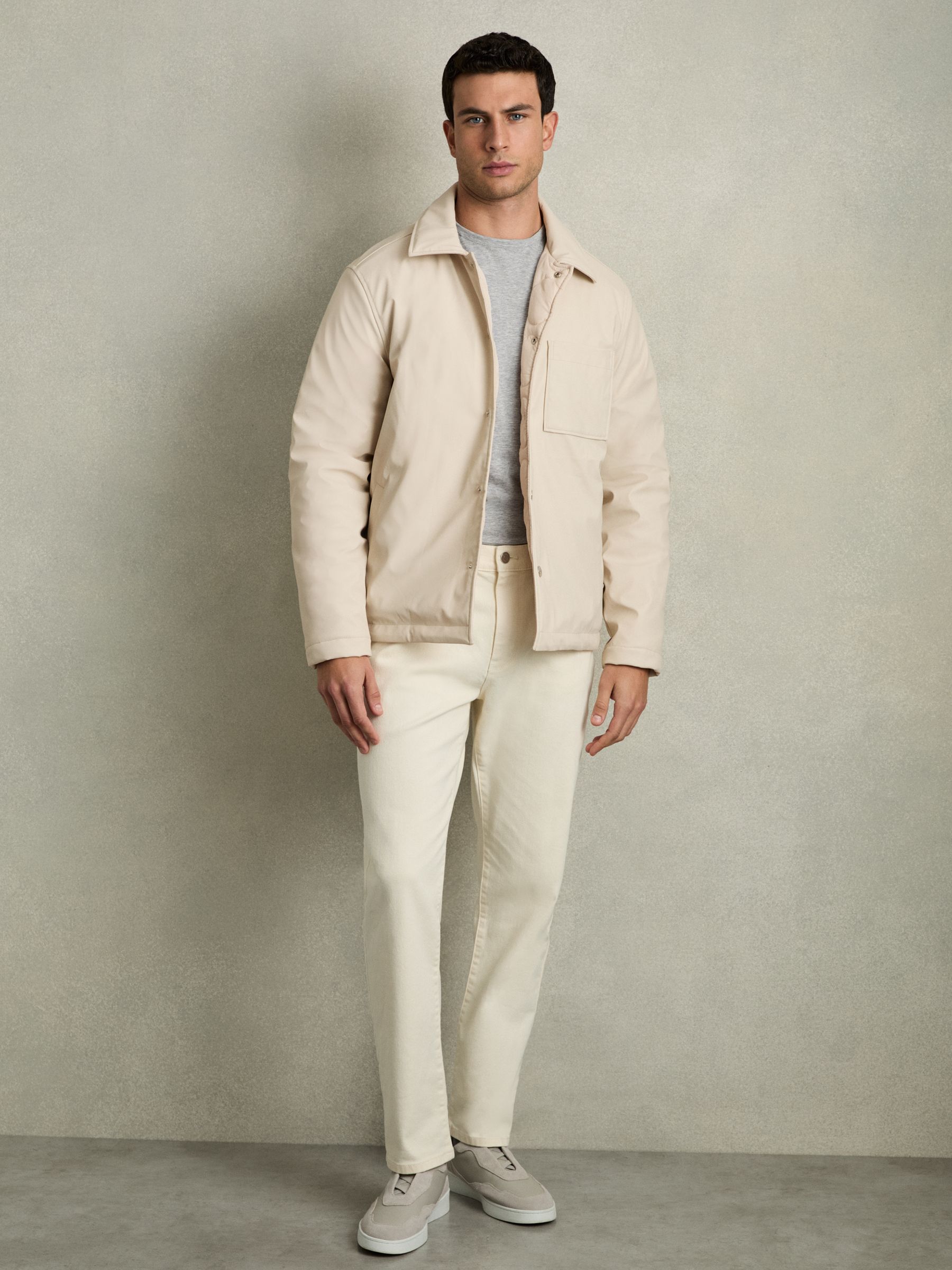 Padded Technical Press-Stud Overshirt in Stone