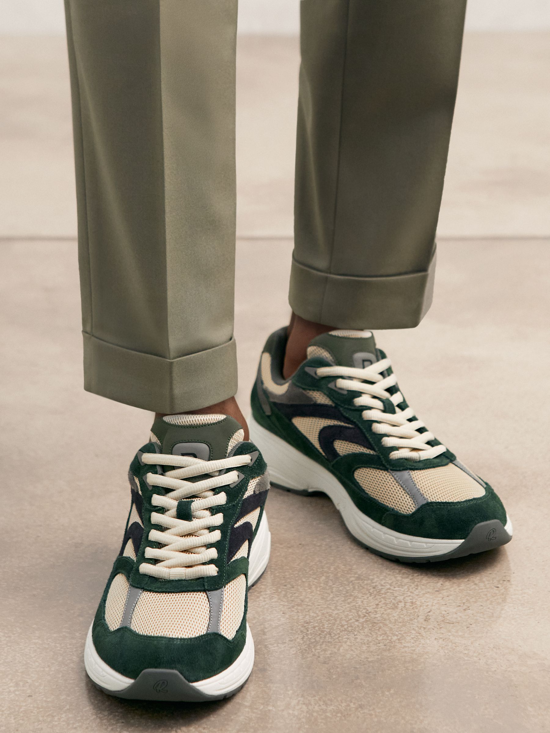 Panelled Running Trainers in Forest Green/Stone