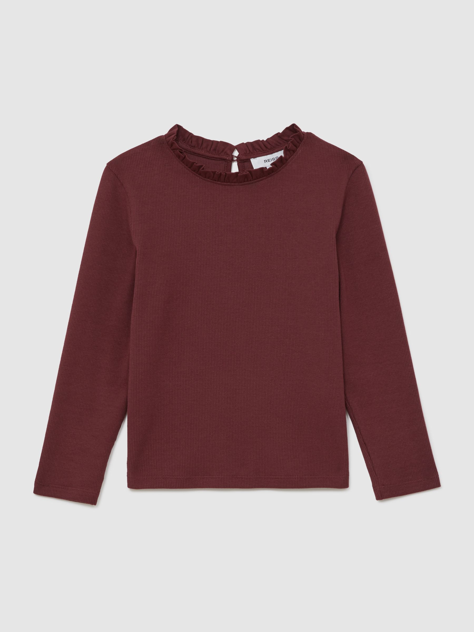 9-13 yrs Stretch-Cotton Ruffle-Neck Top in Burgundy