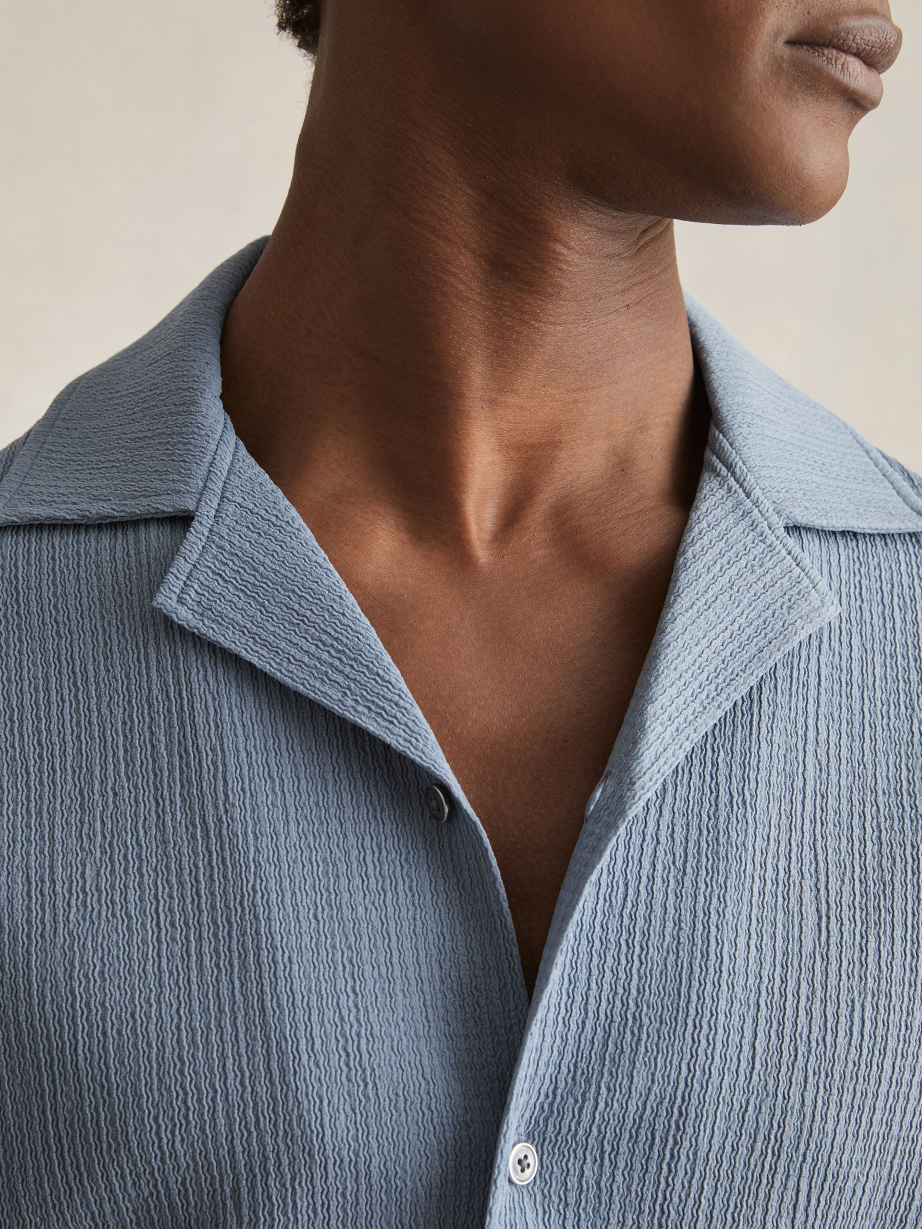 Textured Crepe Cuban Collar Shirt in Soft Blue