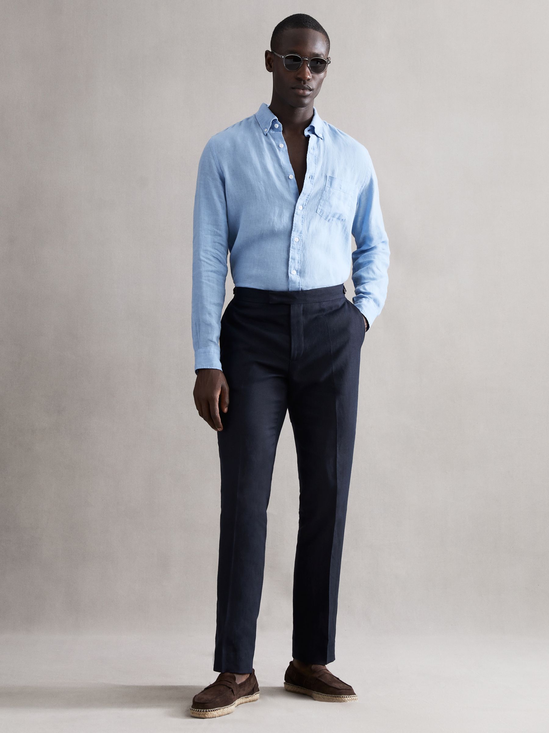 Slim Fit Linen Trousers in Navy