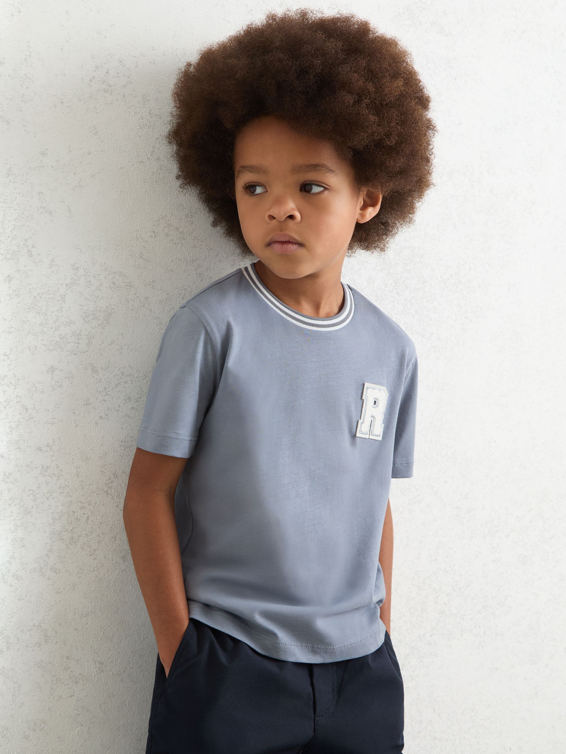 3-9 yrs Cotton Letter Patch T-Shirt in Airforce Blue