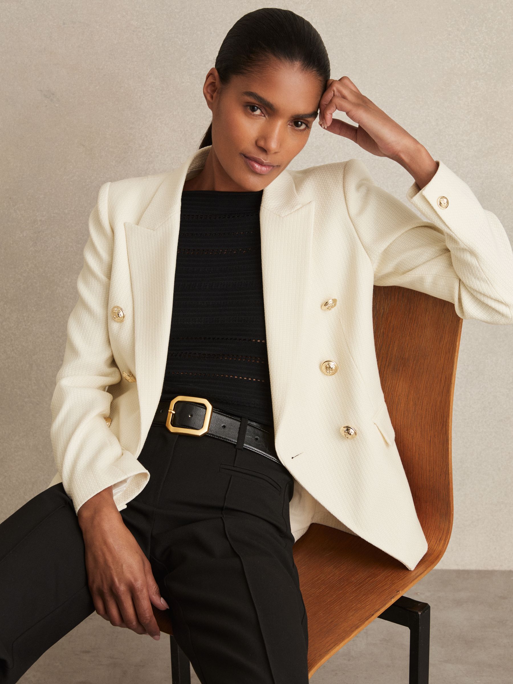 Petite Tailored Fit Textured Double Breasted Blazer in White