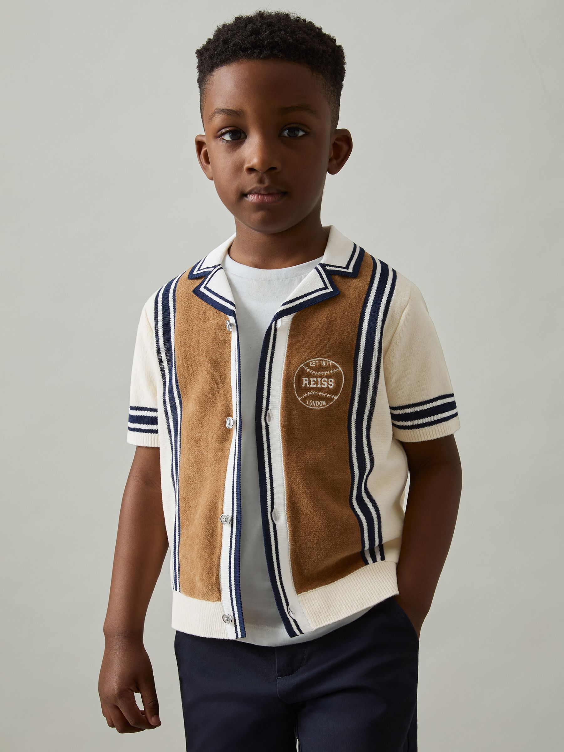 3-9 yrs Cotton Colour-Block Varsity Shirt in Tobacco Brown/ Off White