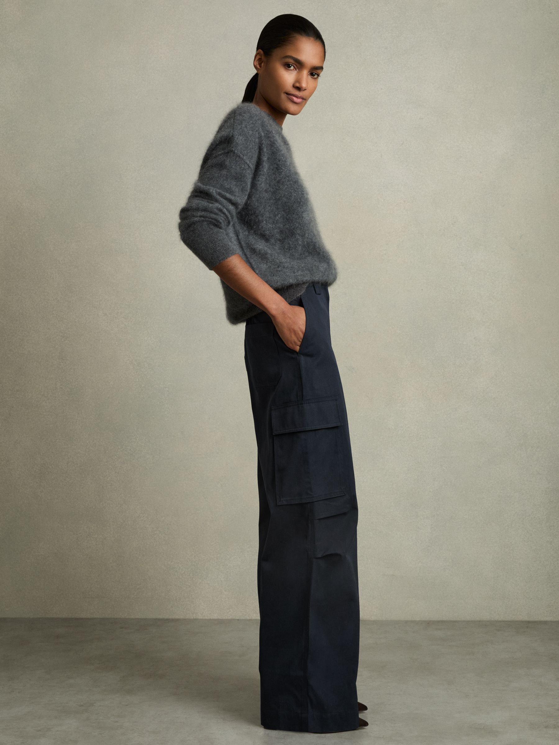 Cotton-Tencel Wide-Leg Combat Trousers in Navy