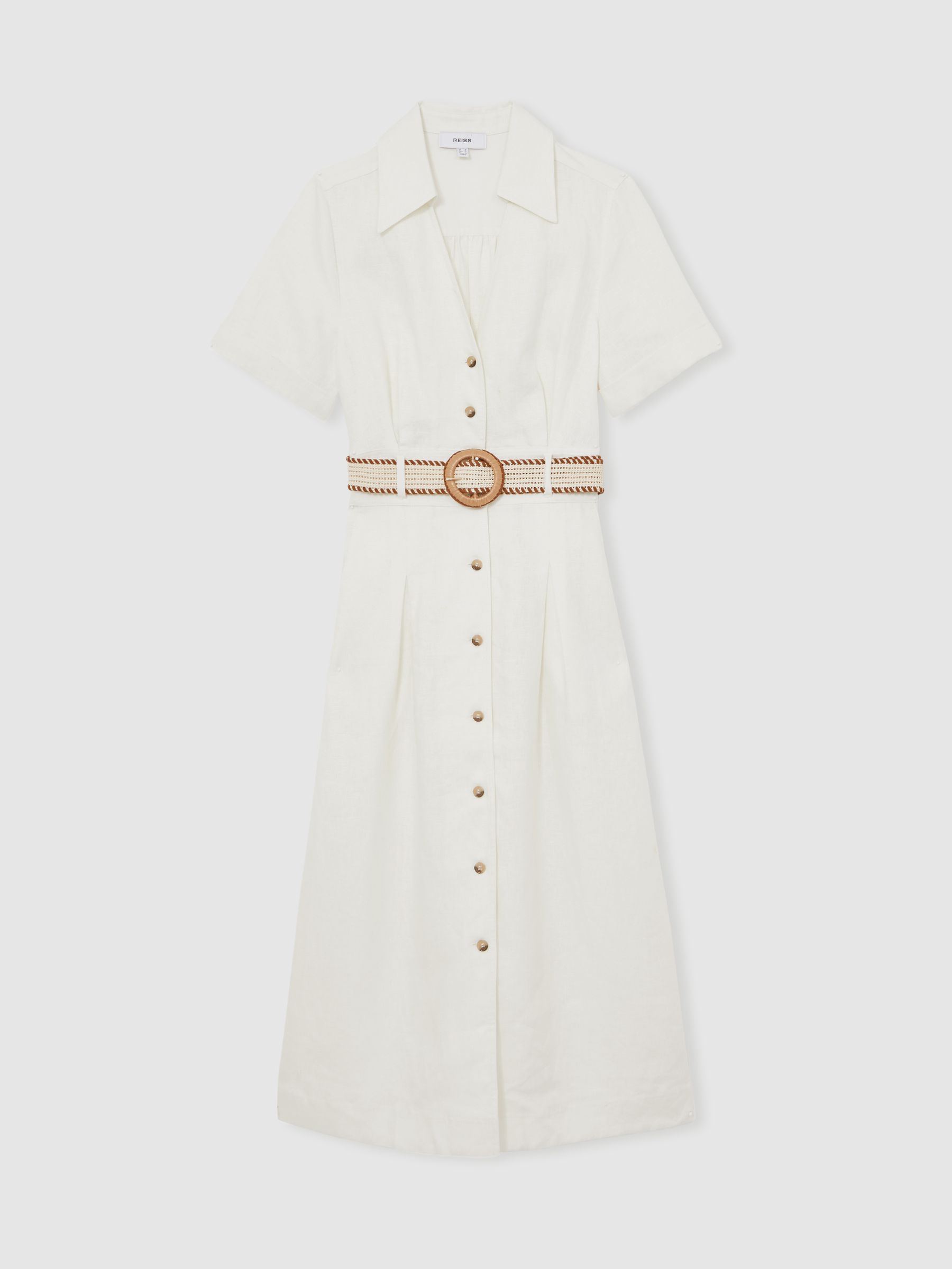 Petite Linen Belted Midi Shirt Dress in Ivory