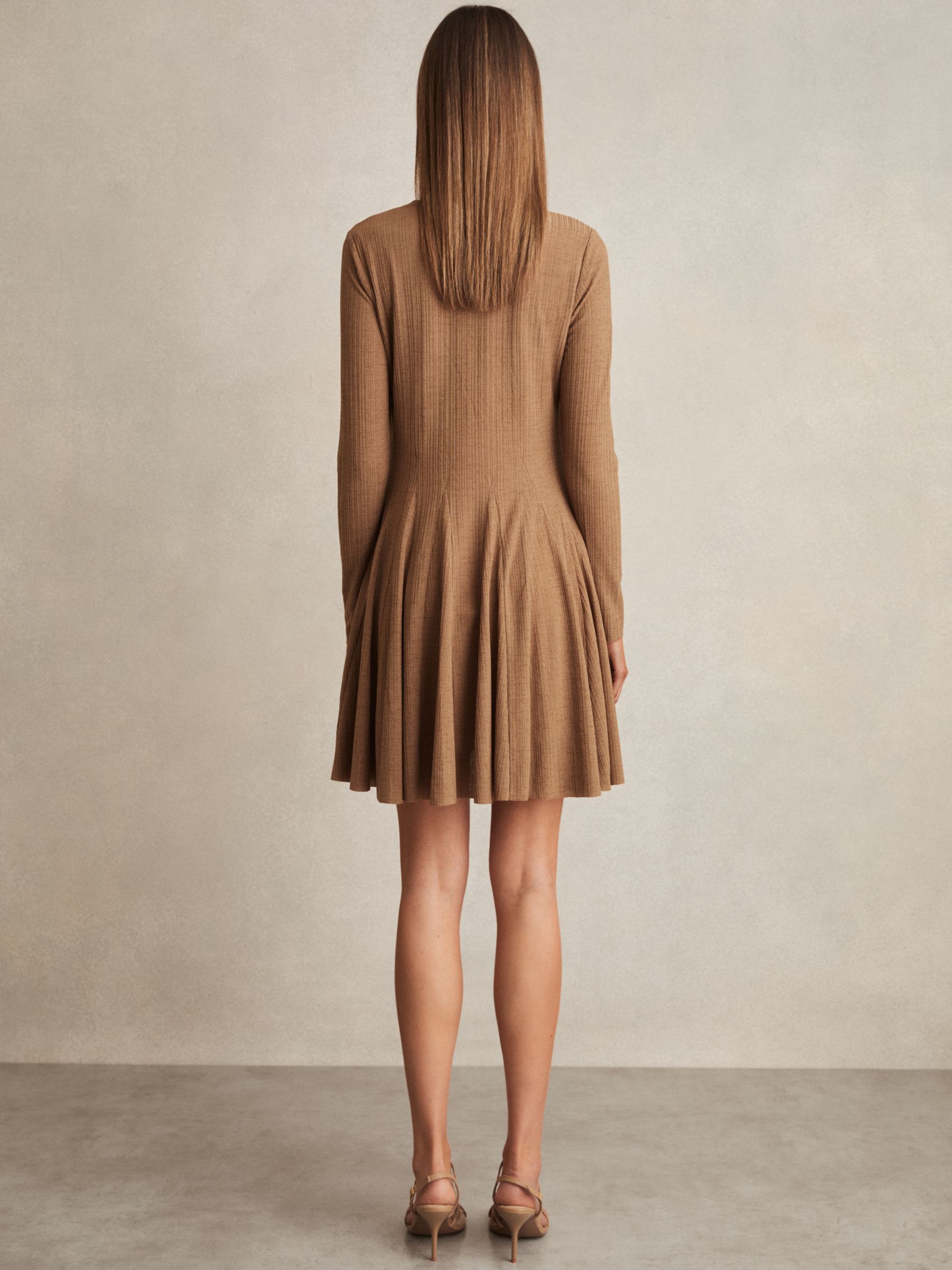 Jersey Ribbed Flared Mini Dress in Camel