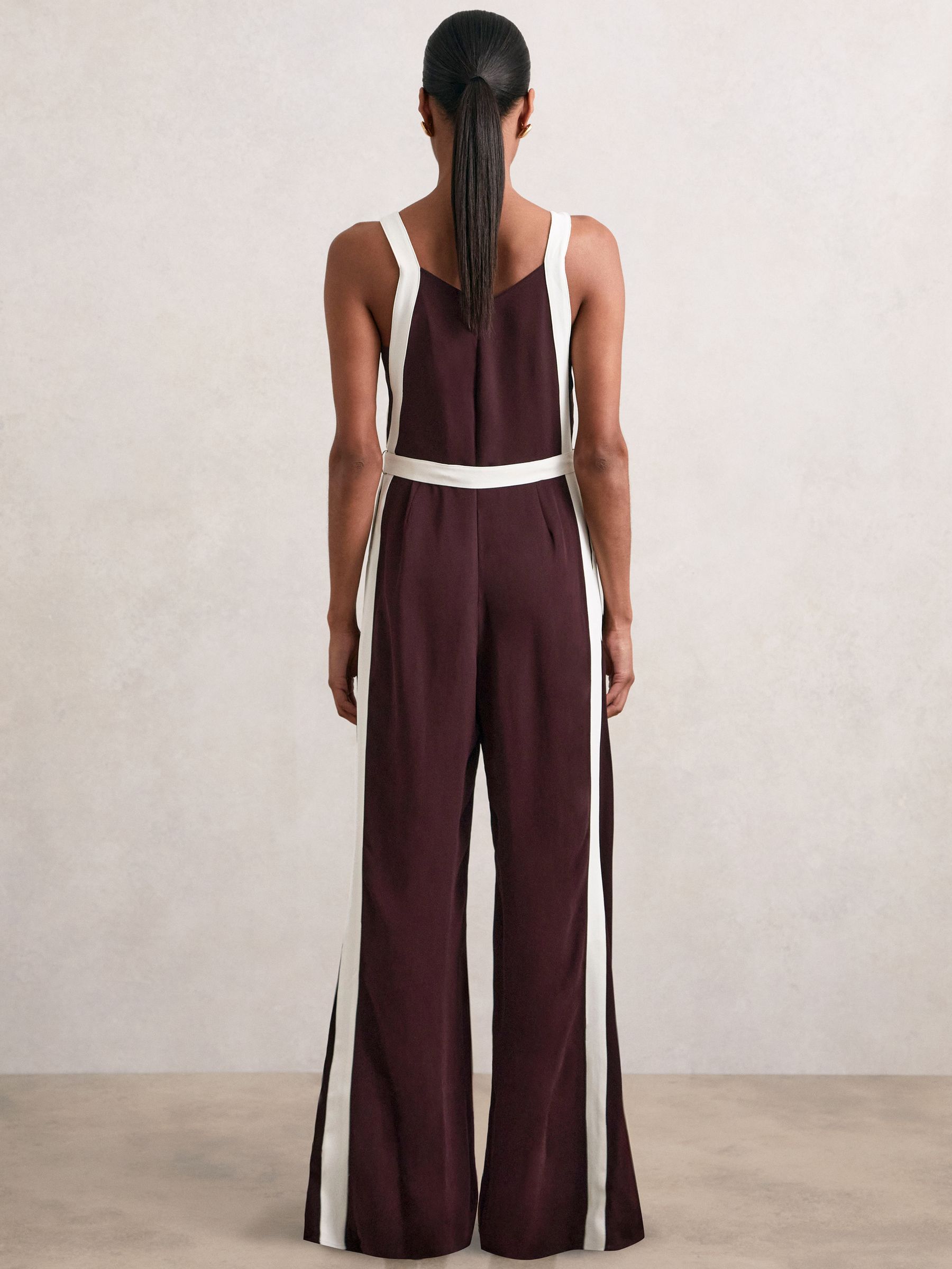 Petite Colourblock Wide Leg Belted Jumpsuit in Burgundy/Cream