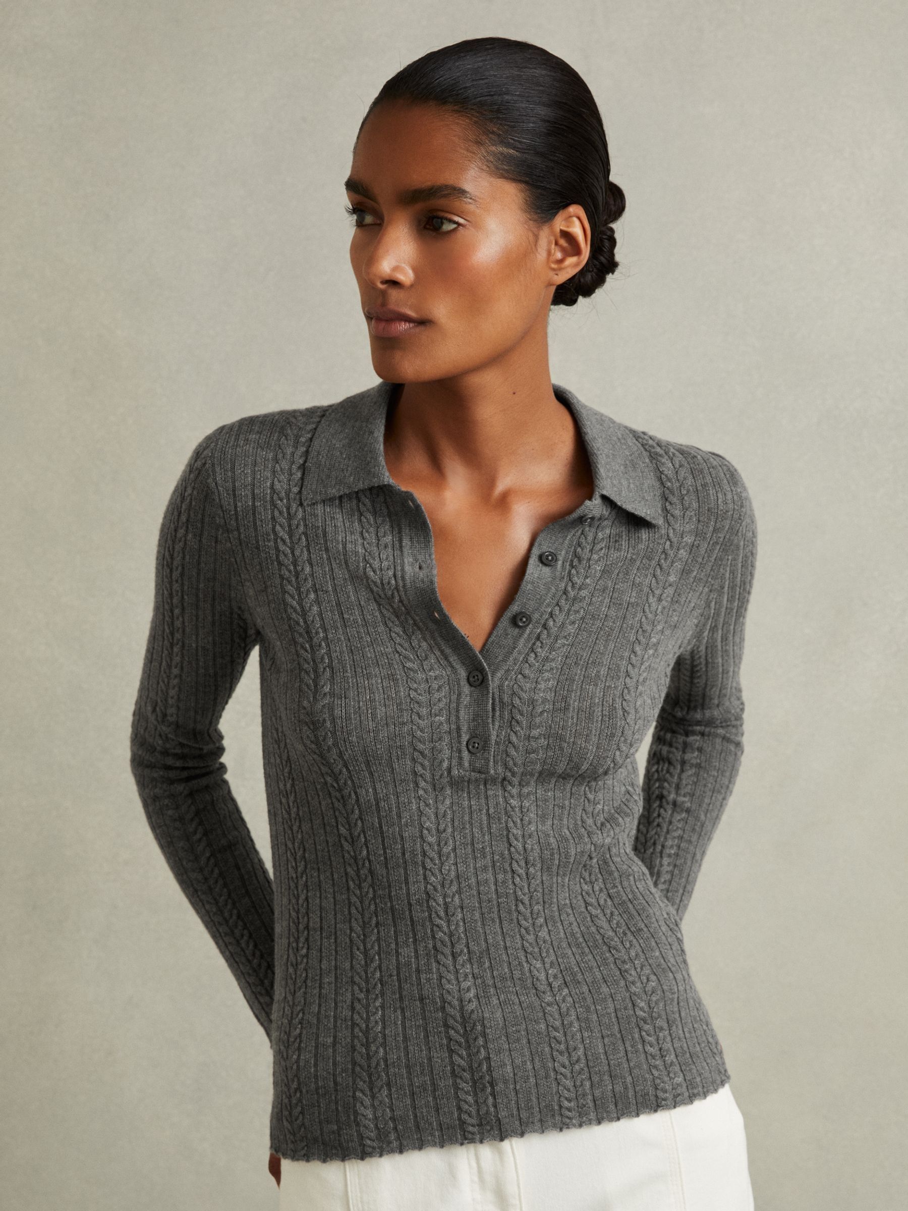 Wool Cable Knit Polo Neck Jumper in Charcoal