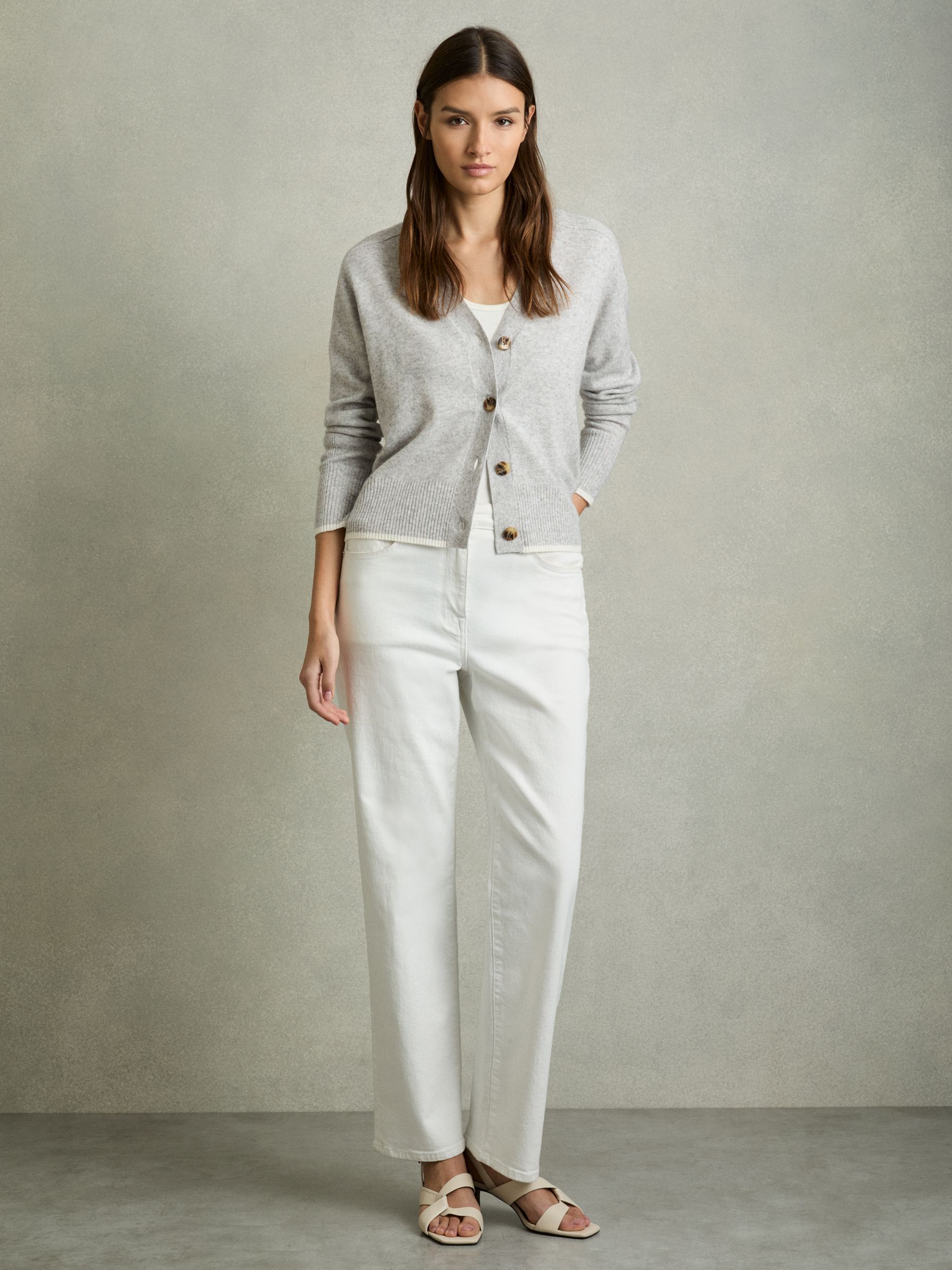 Tipped V-Neck Cardigan With Wool And Cashmere in Grey/Ivory