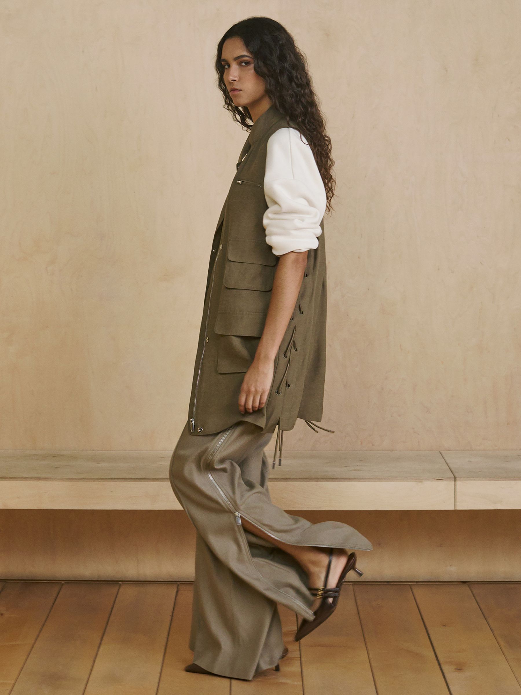 Utility Zip-Through Mini Dress With Linen in Khaki