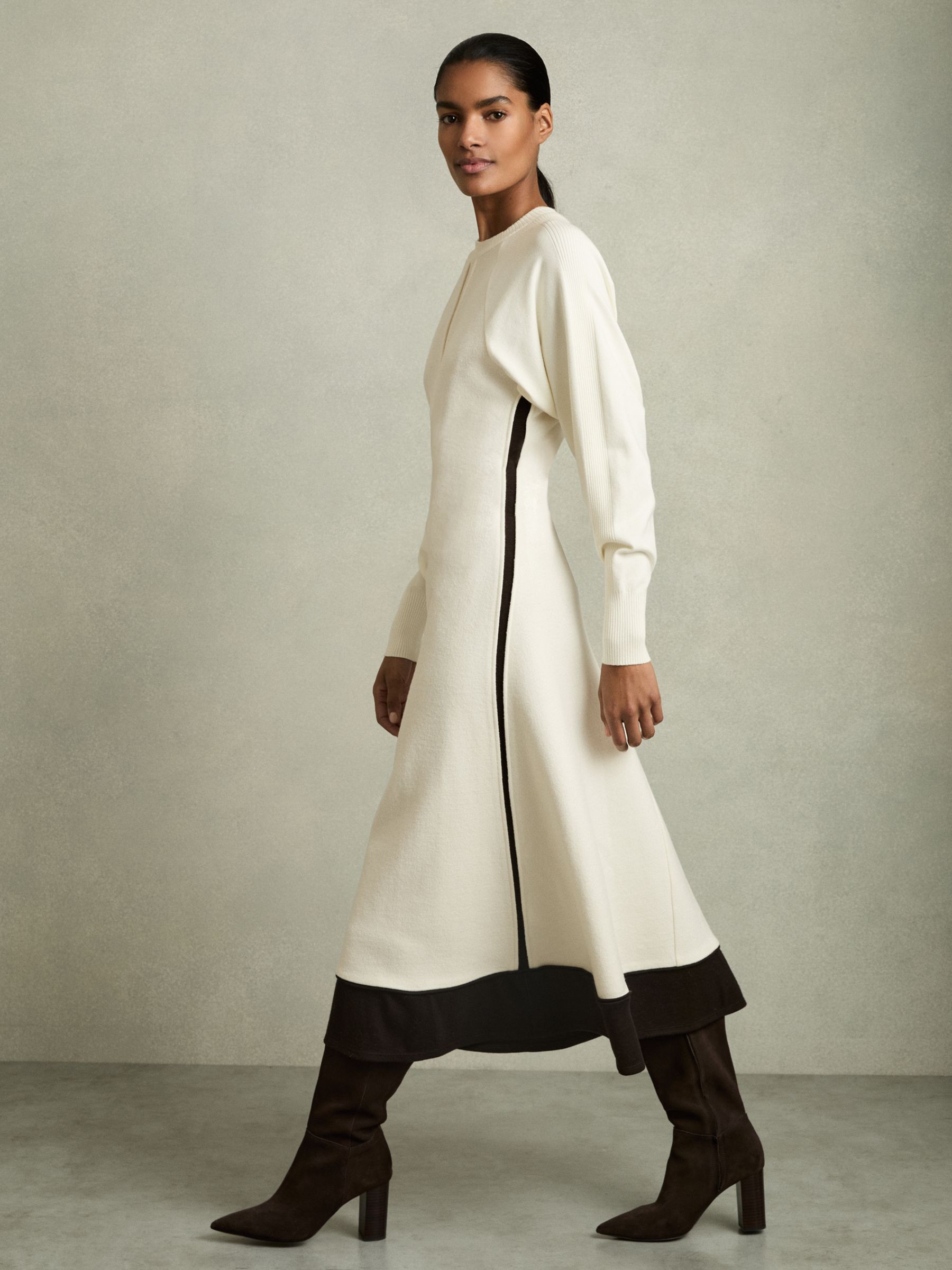 Wool-Blend Hybrid Knitted Midi Dress in Ivory