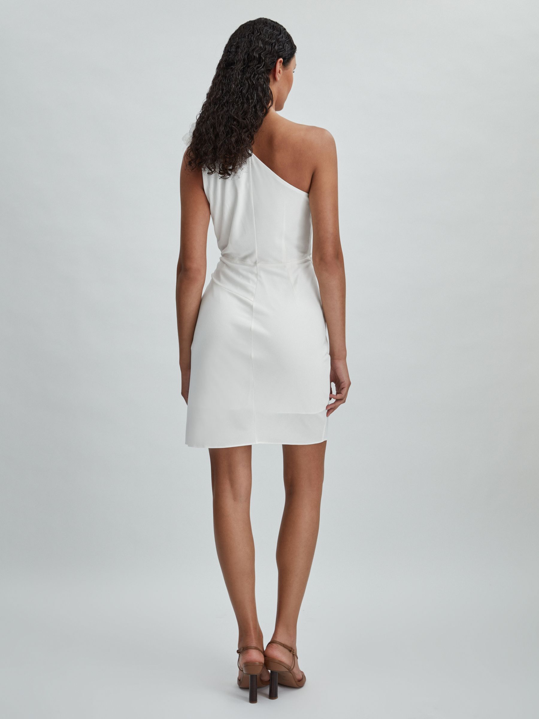 Halston One-Shoulder Ruffle Mini Dress in White