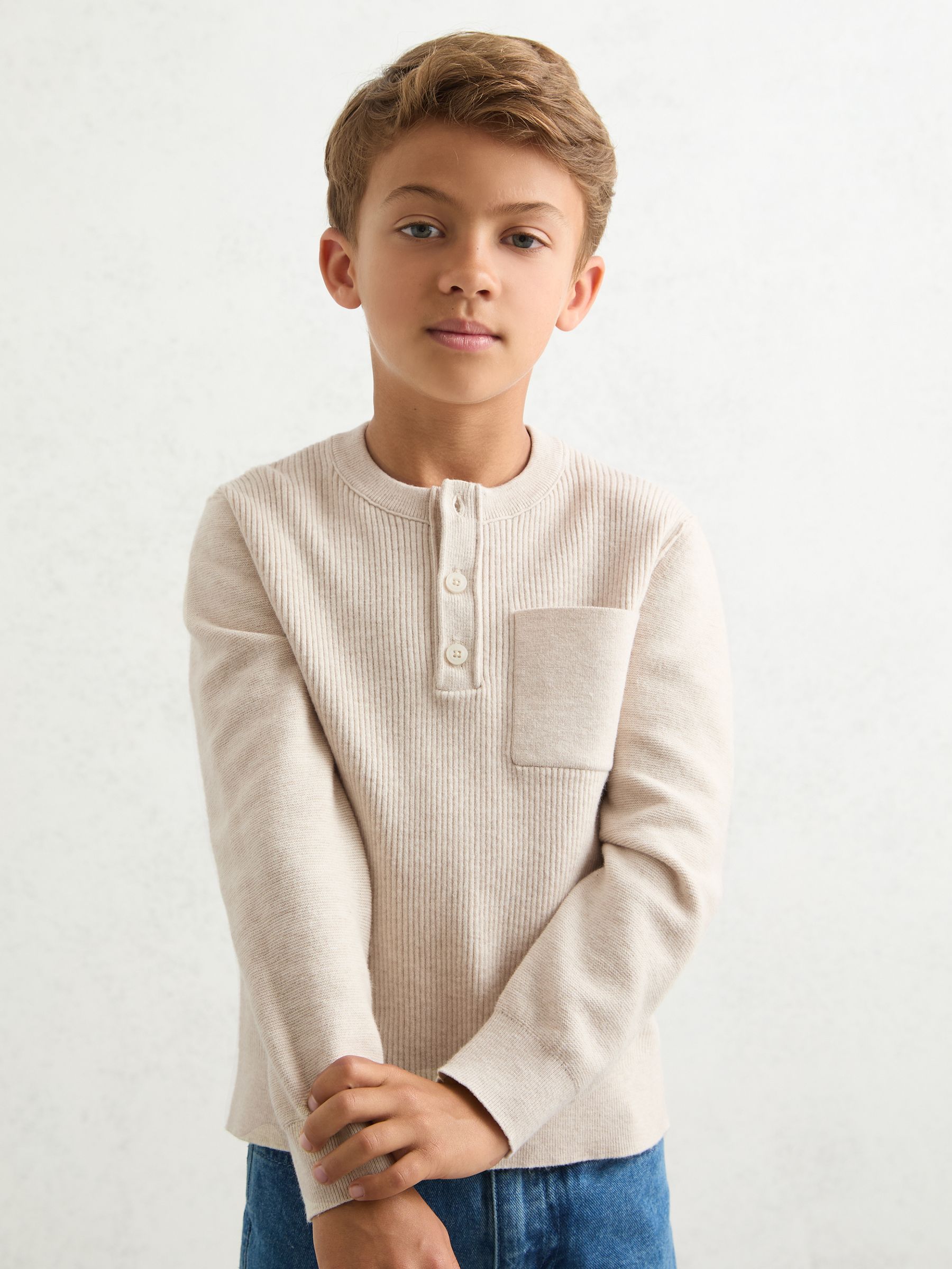 3-9 yrs Cotton-Blend Rib-Knit Henley Top in Oatmeal Melange