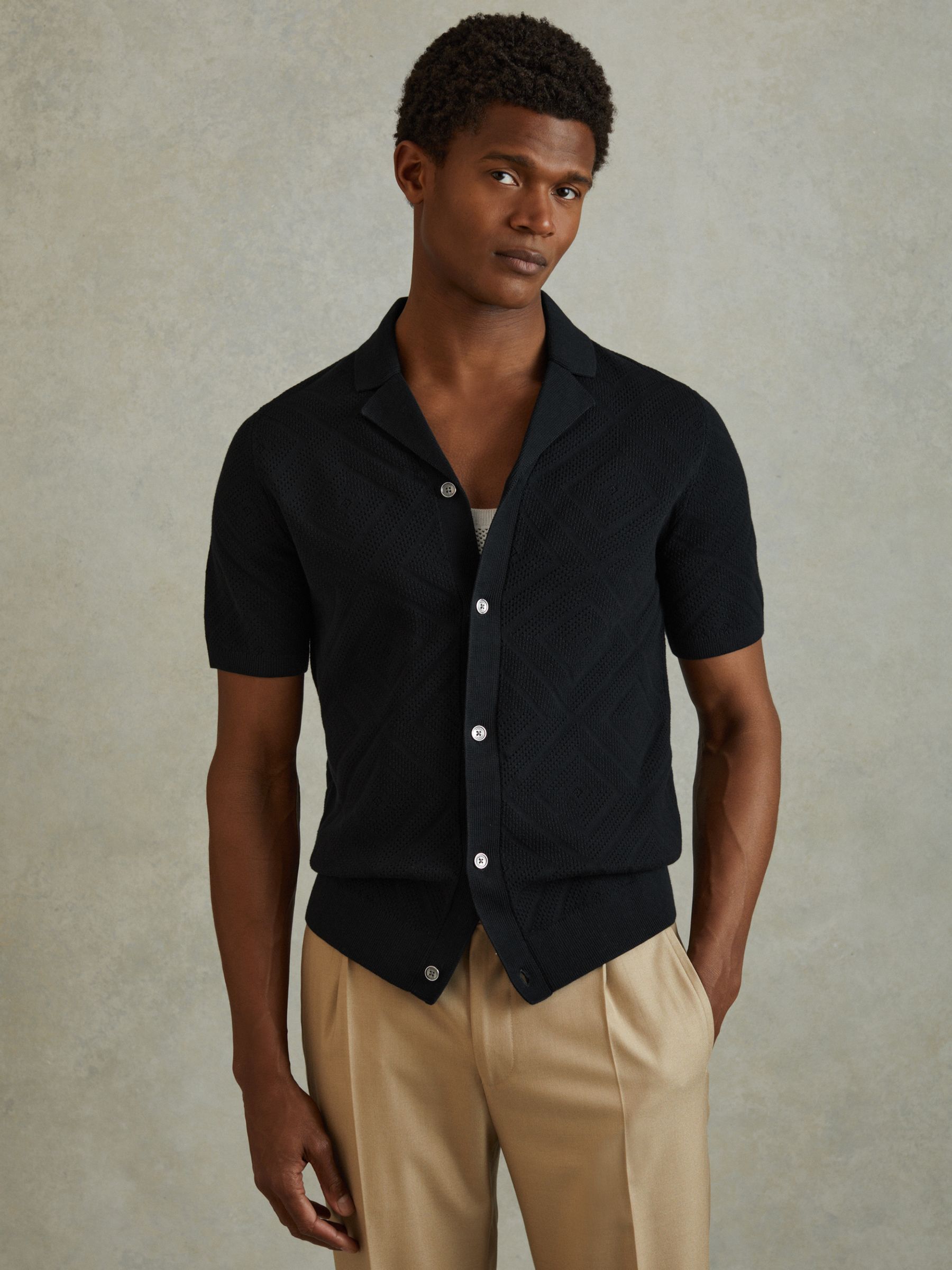 Cotton Cuban Collar Shirt in Navy