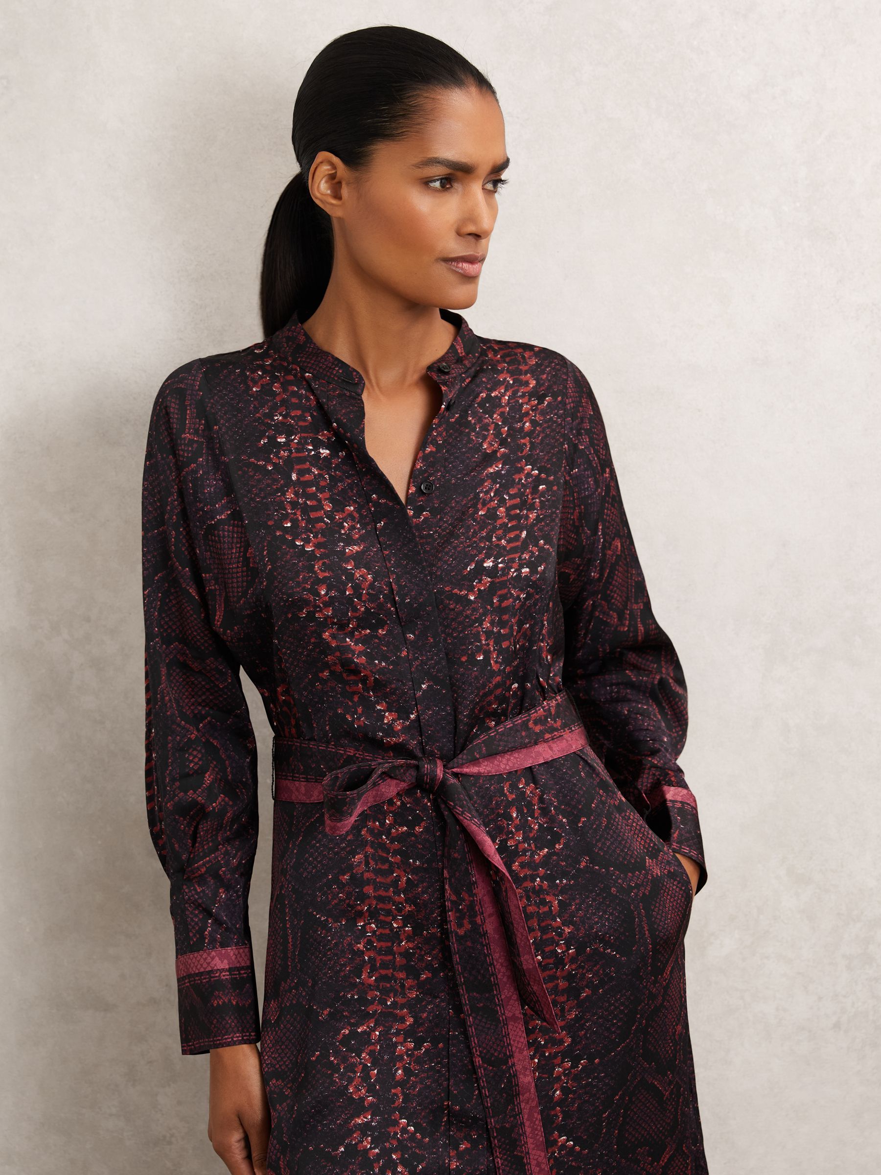 Snake-Print Belted Shirt Dress in Burgundy/Black