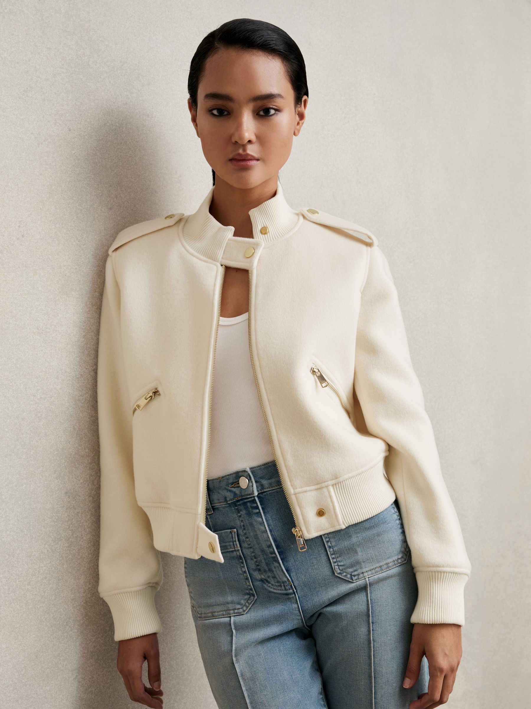 Brushed Wool Epaulette Bomber Jacket in Cream