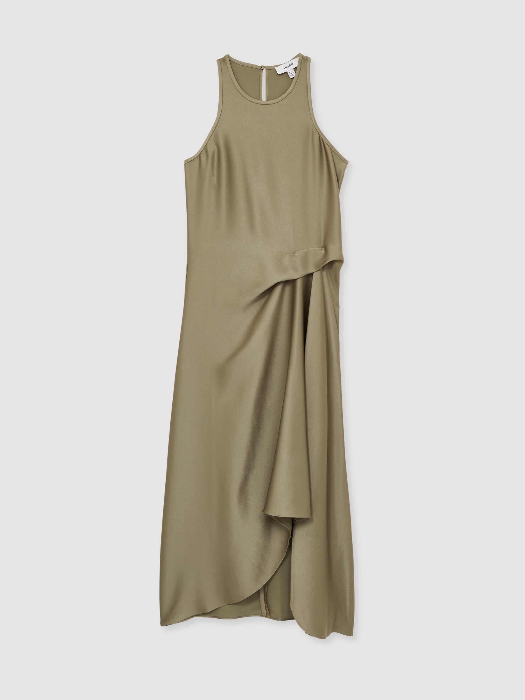 Satin Drape Tuck Midi Dress in Khaki